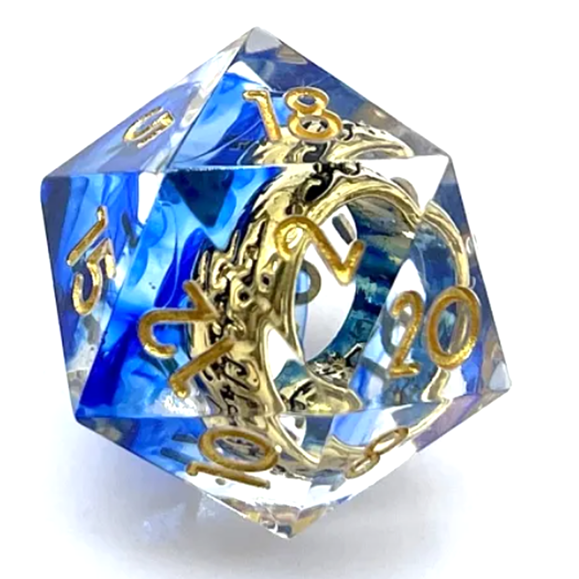 The One Ring Miniature Gold Ring Filled D20 with Blue Ink on a White Background | Happy Piranha