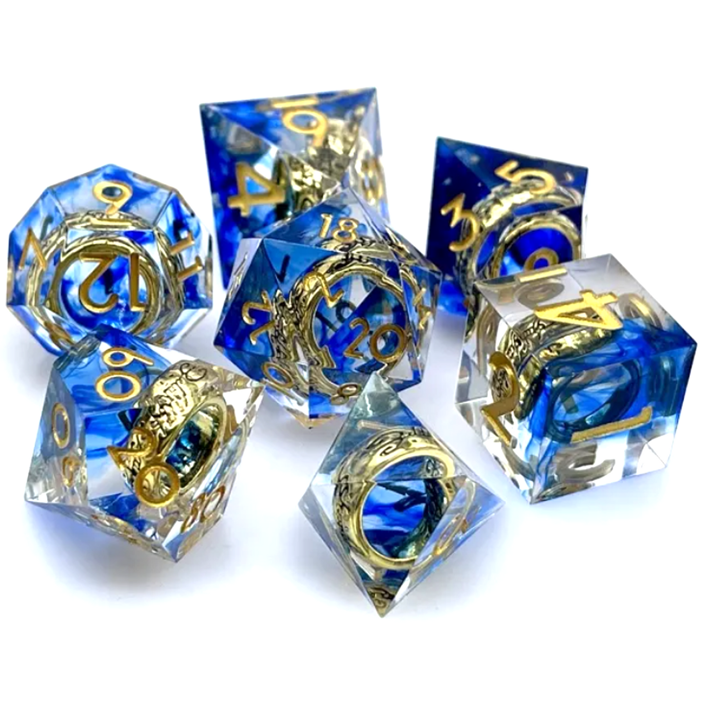 The One Ring Miniature Gold Ring Filled Polyhedral Dice Set with Blue Ink on a White Background | Happy Piranha