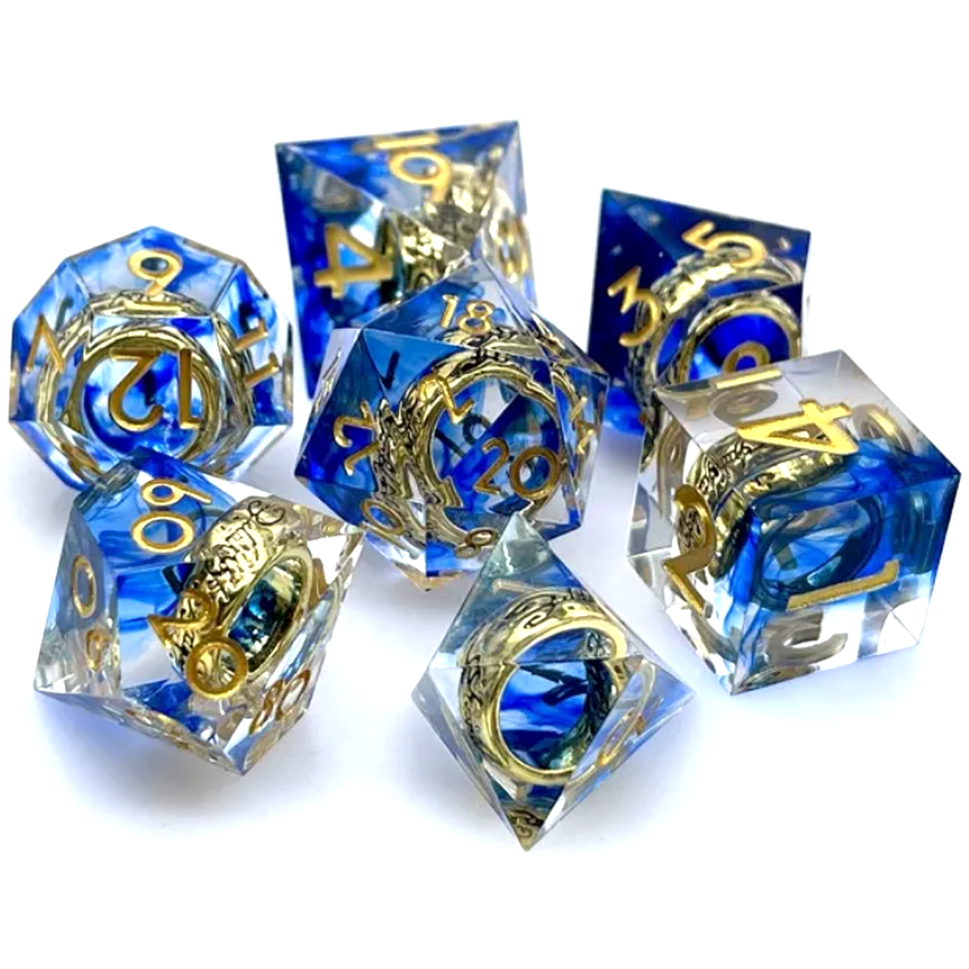 The One Ring Miniature Gold Ring Filled Polyhedral Dice Set with Blue Ink on a White Background | Happy Piranha
