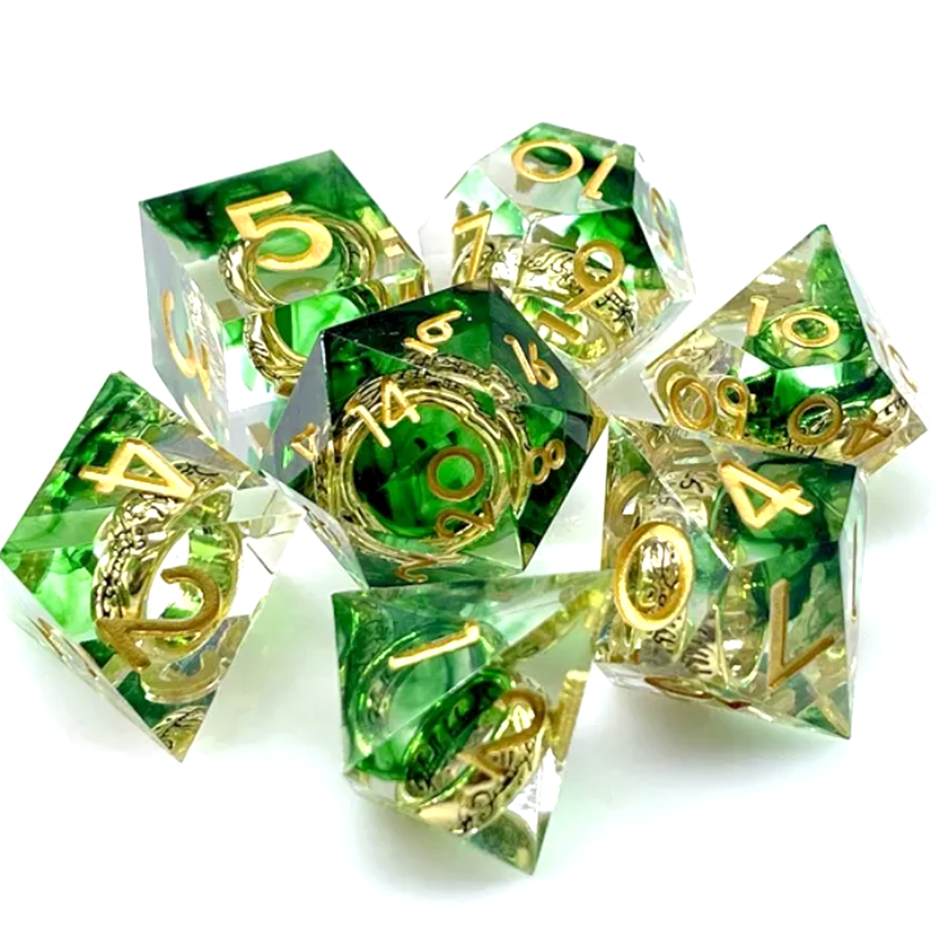 The One Ring Miniature Gold Ring Filled Polyhedral Dice Set with Green Ink on a White Background | Happy Piranha
