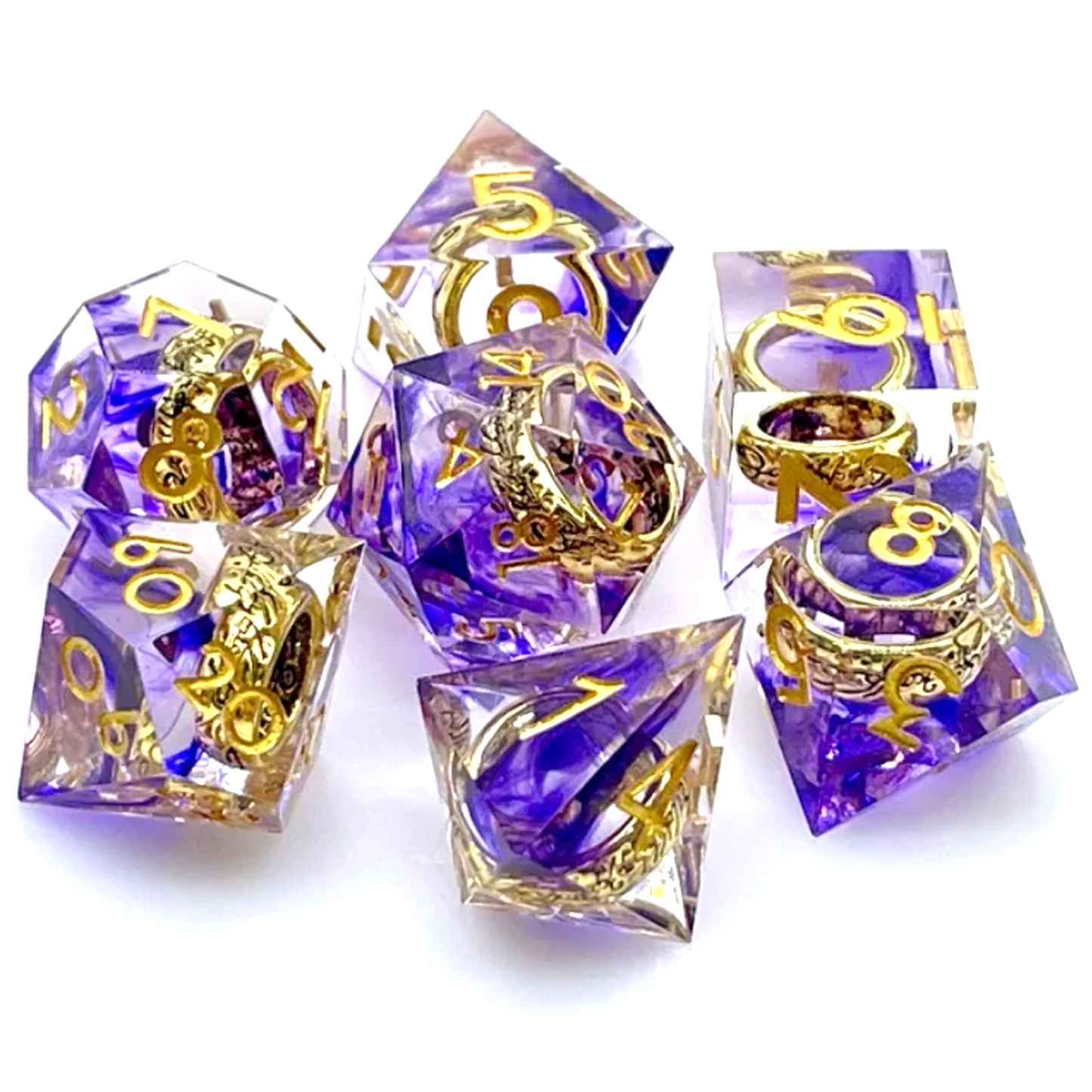 The One Ring Miniature Gold Ring Filled Polyhedral Dice Set with Purple Ink on a White Background | Happy Piranha