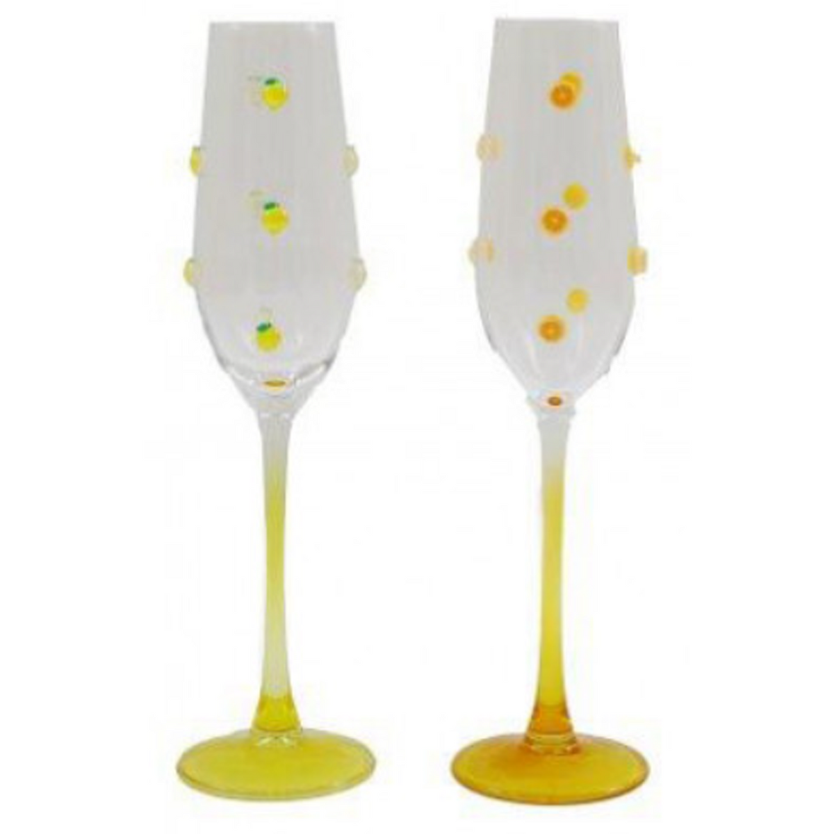Orange & Lemon Design Champagne Flute Glass (Side by Side) on a White Background | Happy Piranha