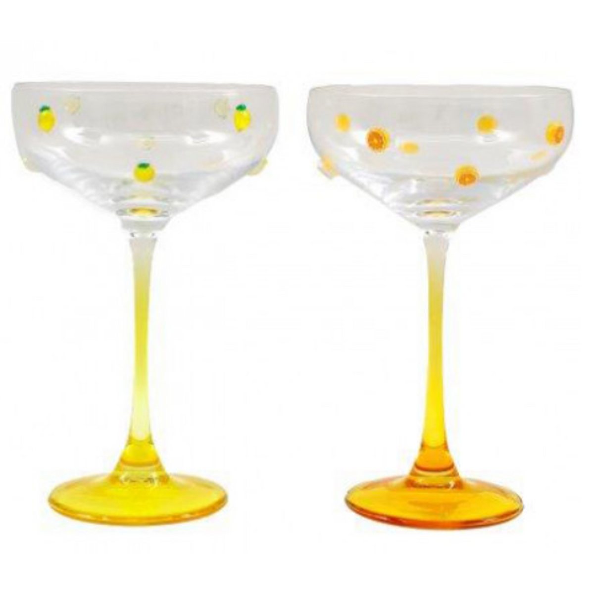Orange & Lemon Design Coupe Style Cocktail Glass Side by Side on a White Background | Happy Piranha