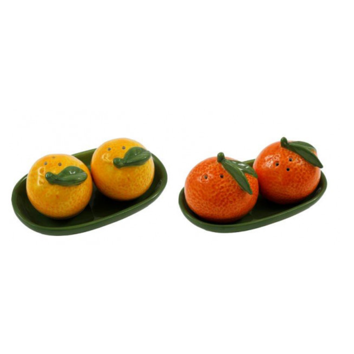 Orange & Lemon Shape Ceramic Salt & Pepper Shaker Set (Both Designs) on a White Background | Happy Piranha