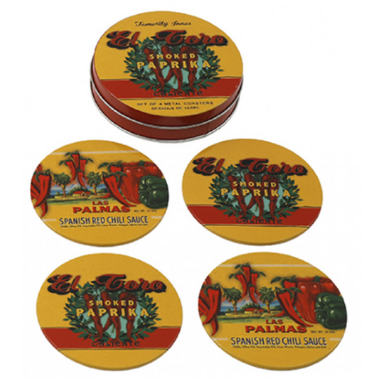 Vintage Chilli Pepper Signage Tin Coaster Set on a White Background | Happy Piranha