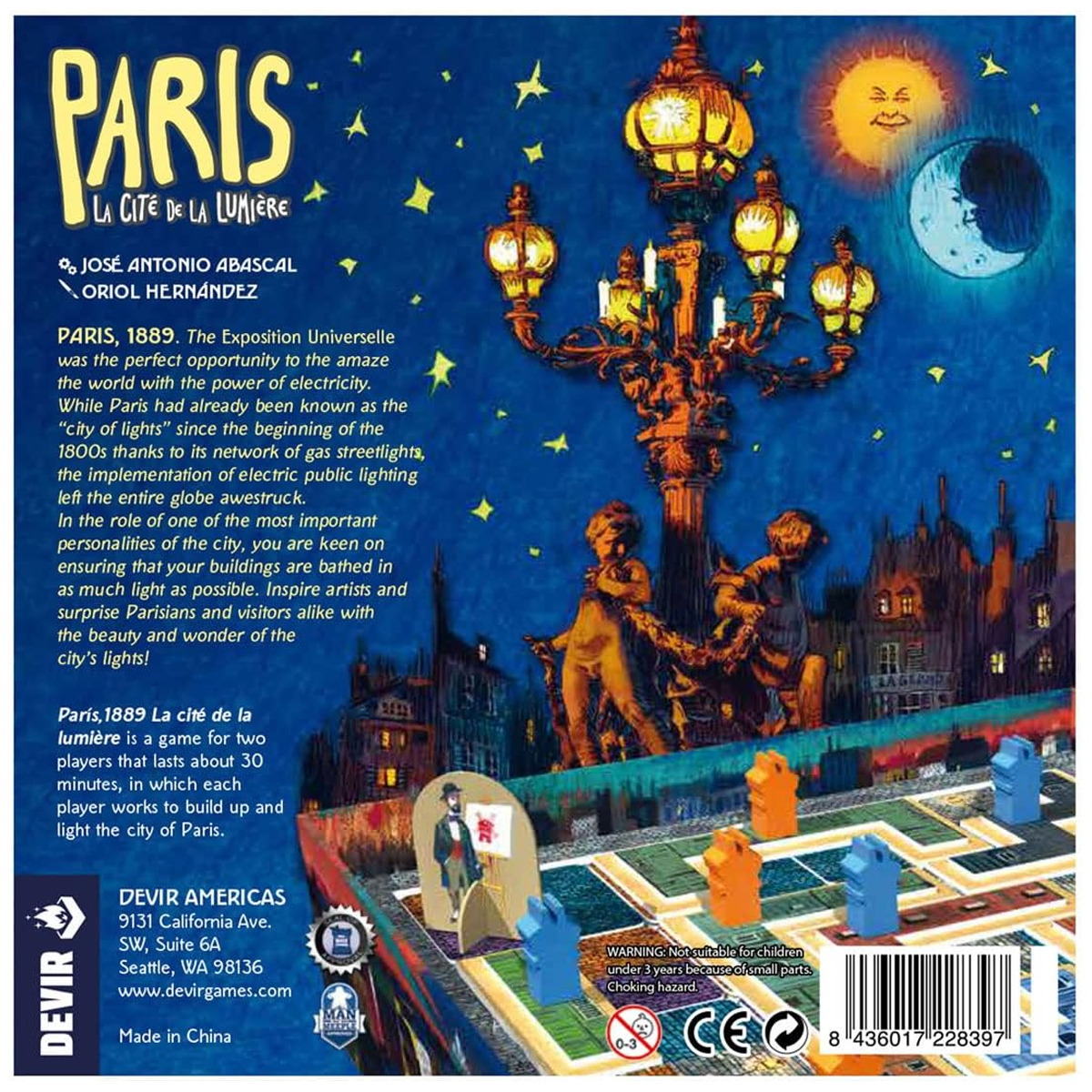 Paris: La Cité de la Lumière Board Game (Back of Box) on a White Background | Happy Piranha