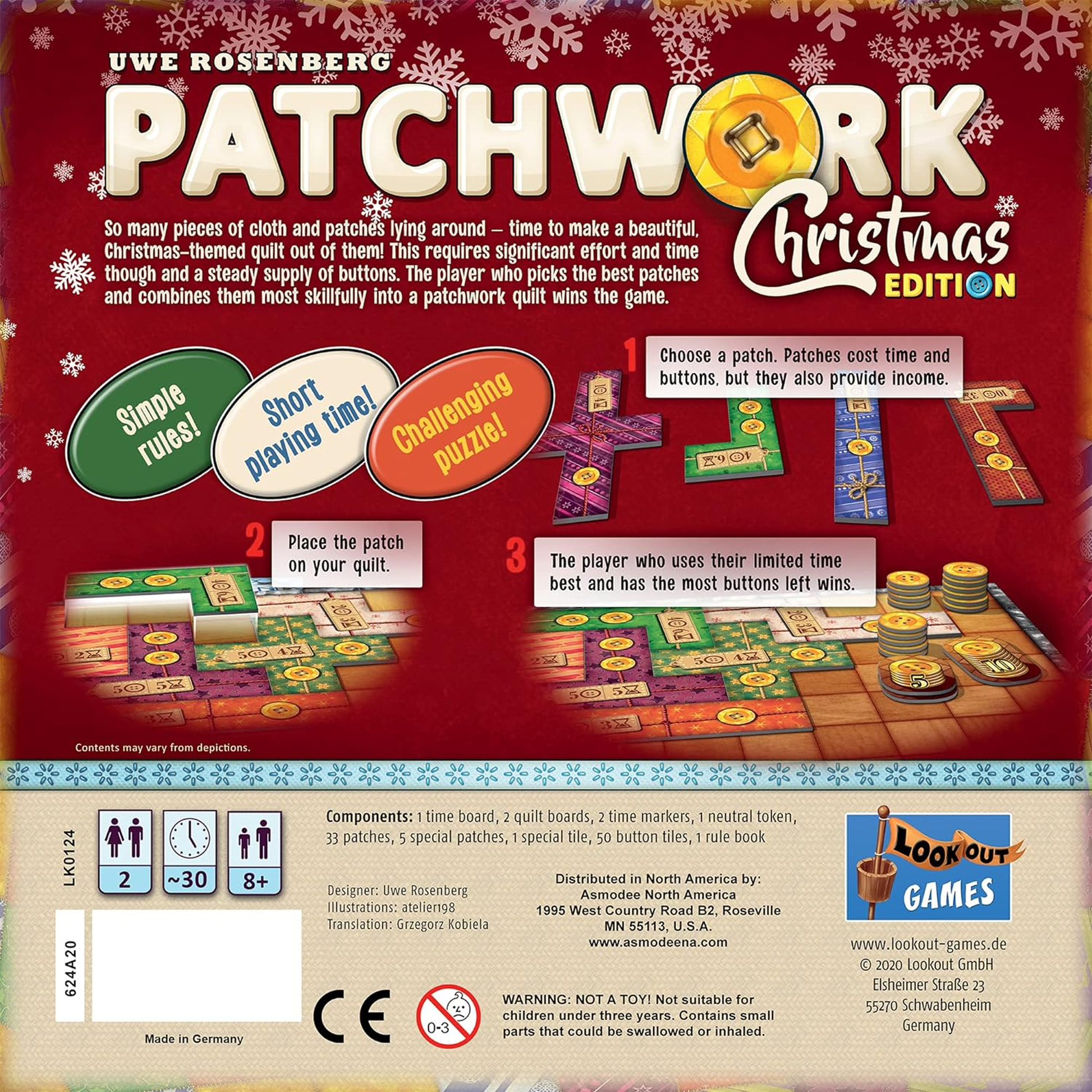 Patchwork Christmas Edition Board Game (Back of Box) | Happy Piranha