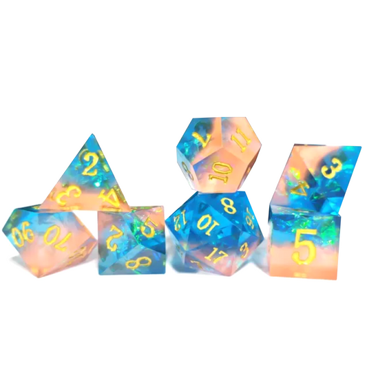 Peach Sunrise - Layered Sharp Edged Polyhedral Dice Set Stacked in a Pile on a White Background | Happy Piranha