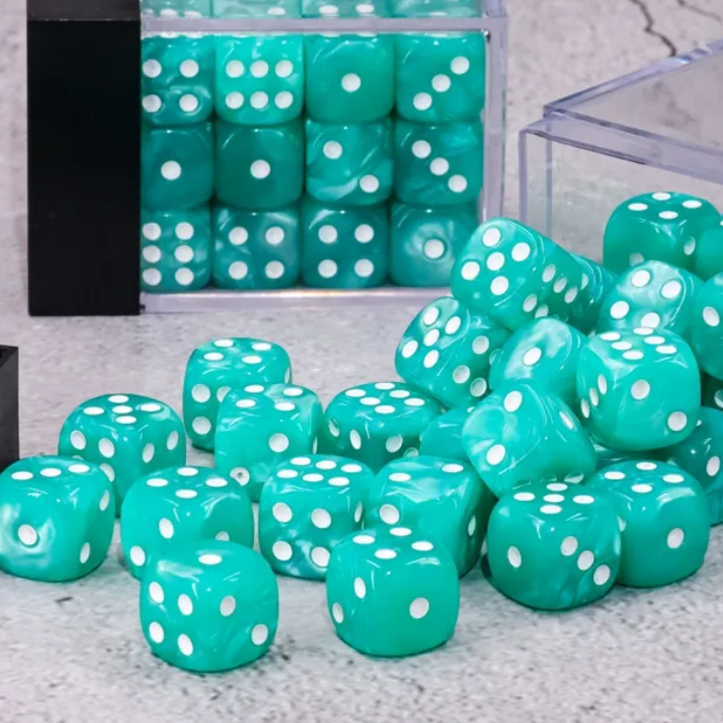 Teal Pearl - 36 x 12mm 6 Sided Pip Dice D6 Set on a Table | Happy Piranha