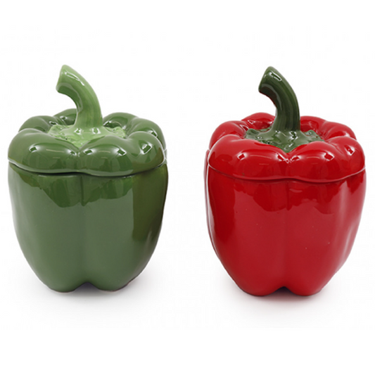 Red & Green Bell Pepper Ceramic Lidded Pots on a White Background | Happy Piranha