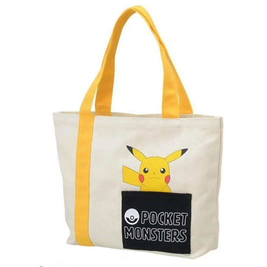 Pikachu: Pokemon Deluxe Canvas Tote Bag With Pocket On a White Background | Happy Piranha