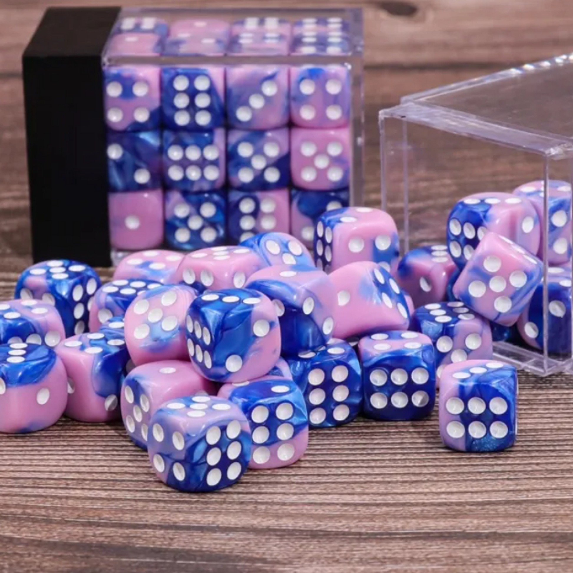 Pink & Blue Blend - 36 x 12mm 6 Sided Pip Dice D6 Set  on a Table | Happy Piranha