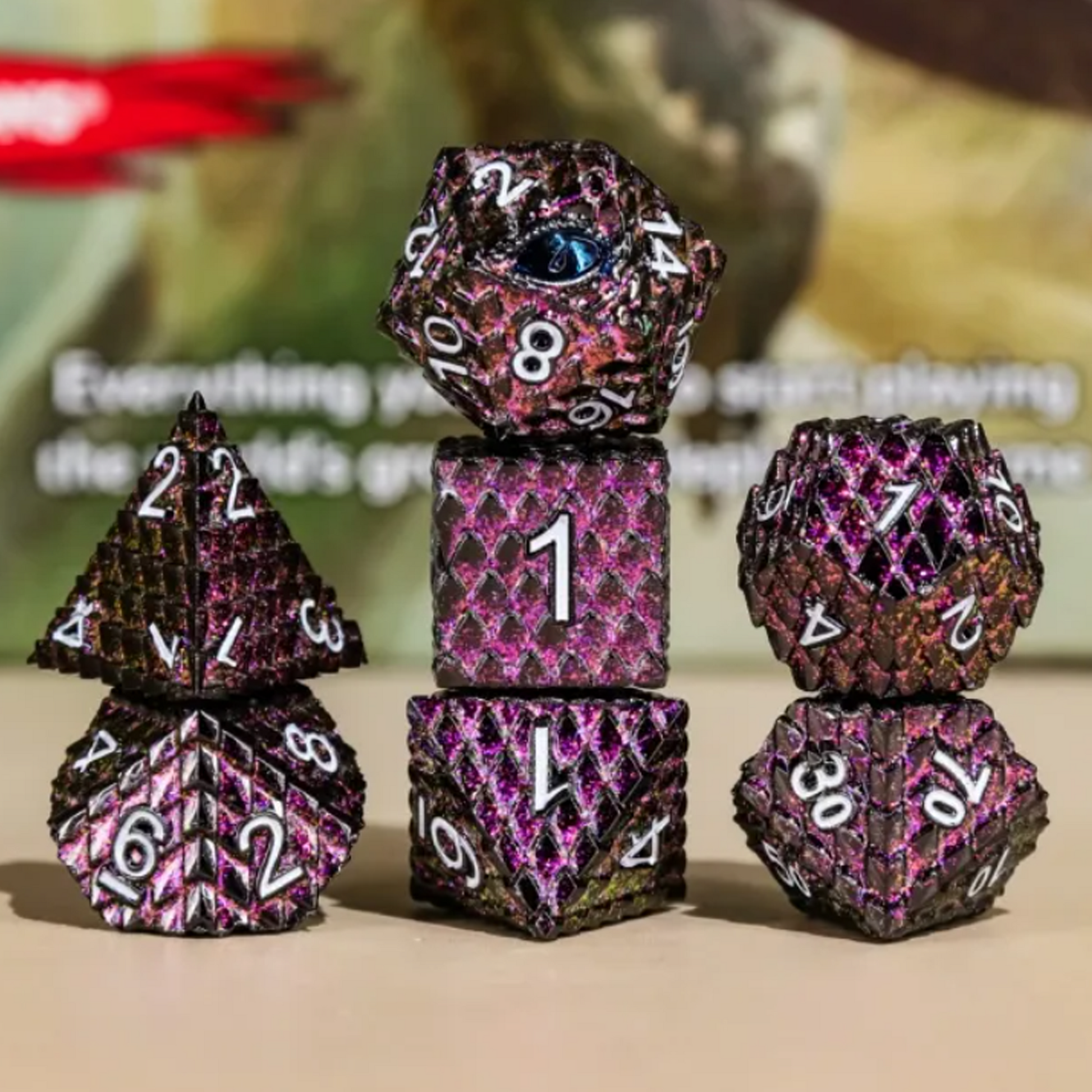 Dragon Scale - Premium Metal Polyhedral D&D Dice Sets (Pink) on a desk | Happy Piranha