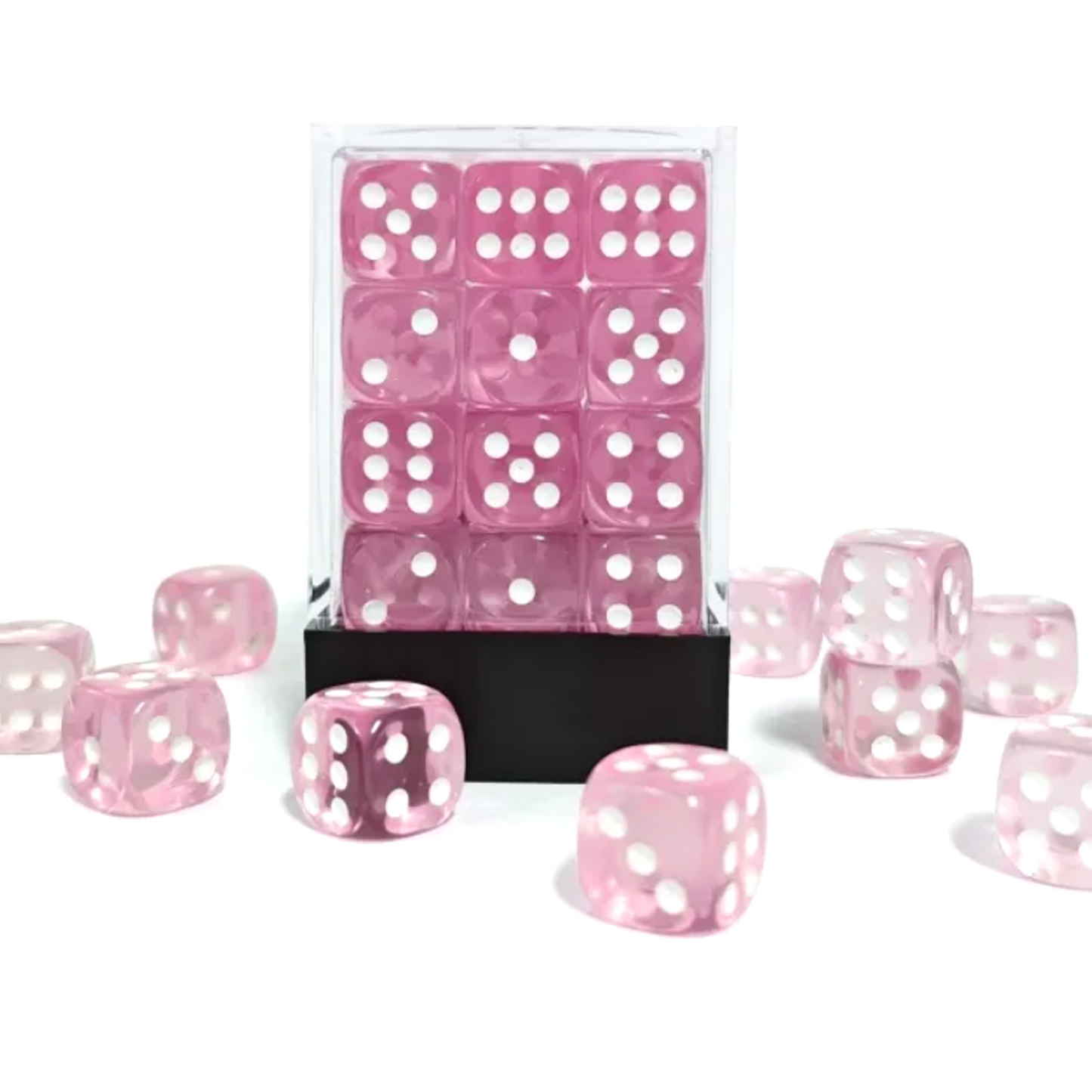 Translucent Pink 36 Pip Dice D6 (6 Sided Dice) Box Surrounded by Dice | Happy Piranha
