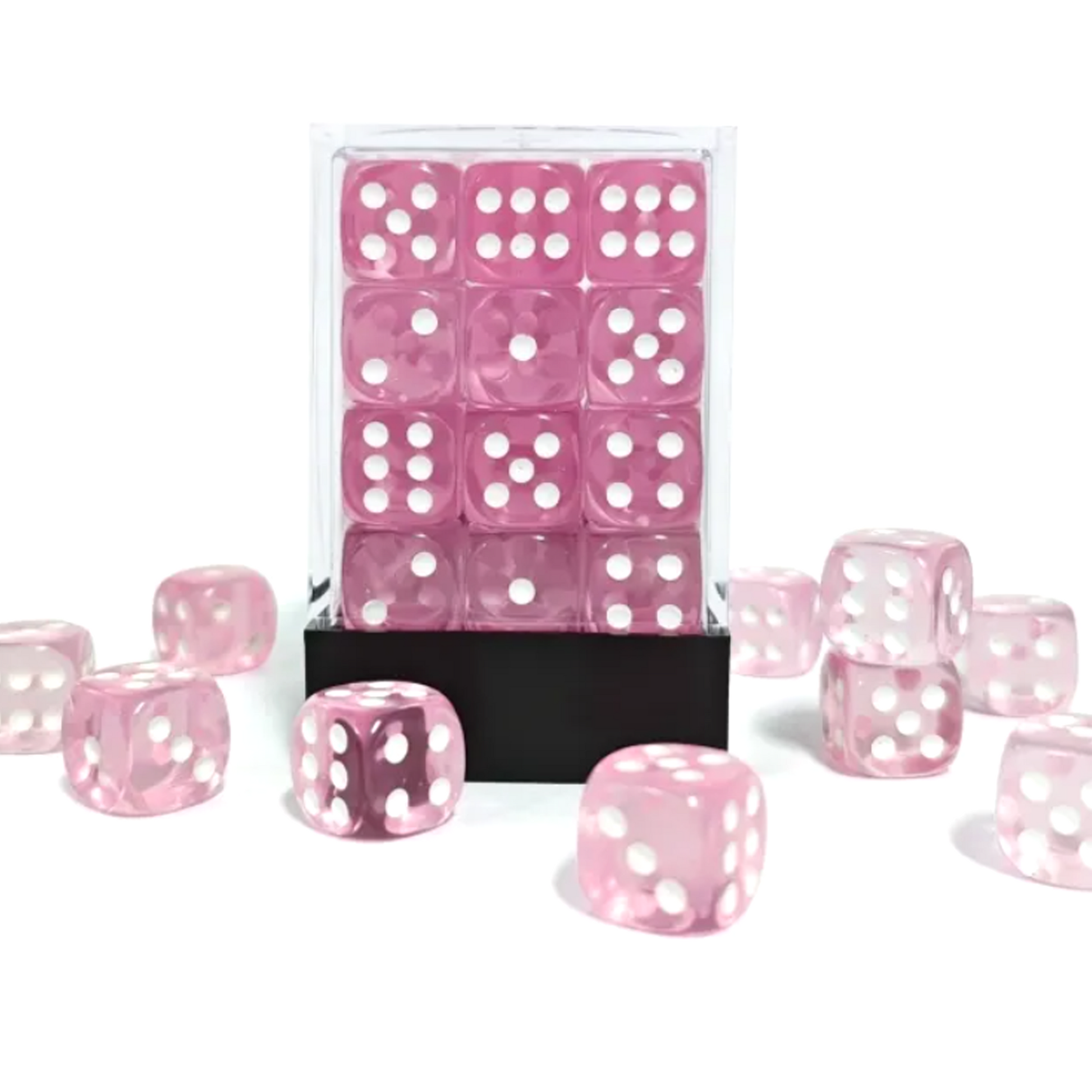 Translucent Pink 36 Pip Dice D6 (6 Sided Dice) Box Surrounded by Dice | Happy Piranha