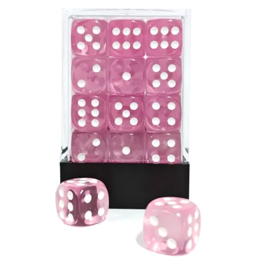 Translucent Pink 36 Pip Dice D6 (6 Sided Dice) Box Set with 2 Dice Outside the Box | Happy Piranha