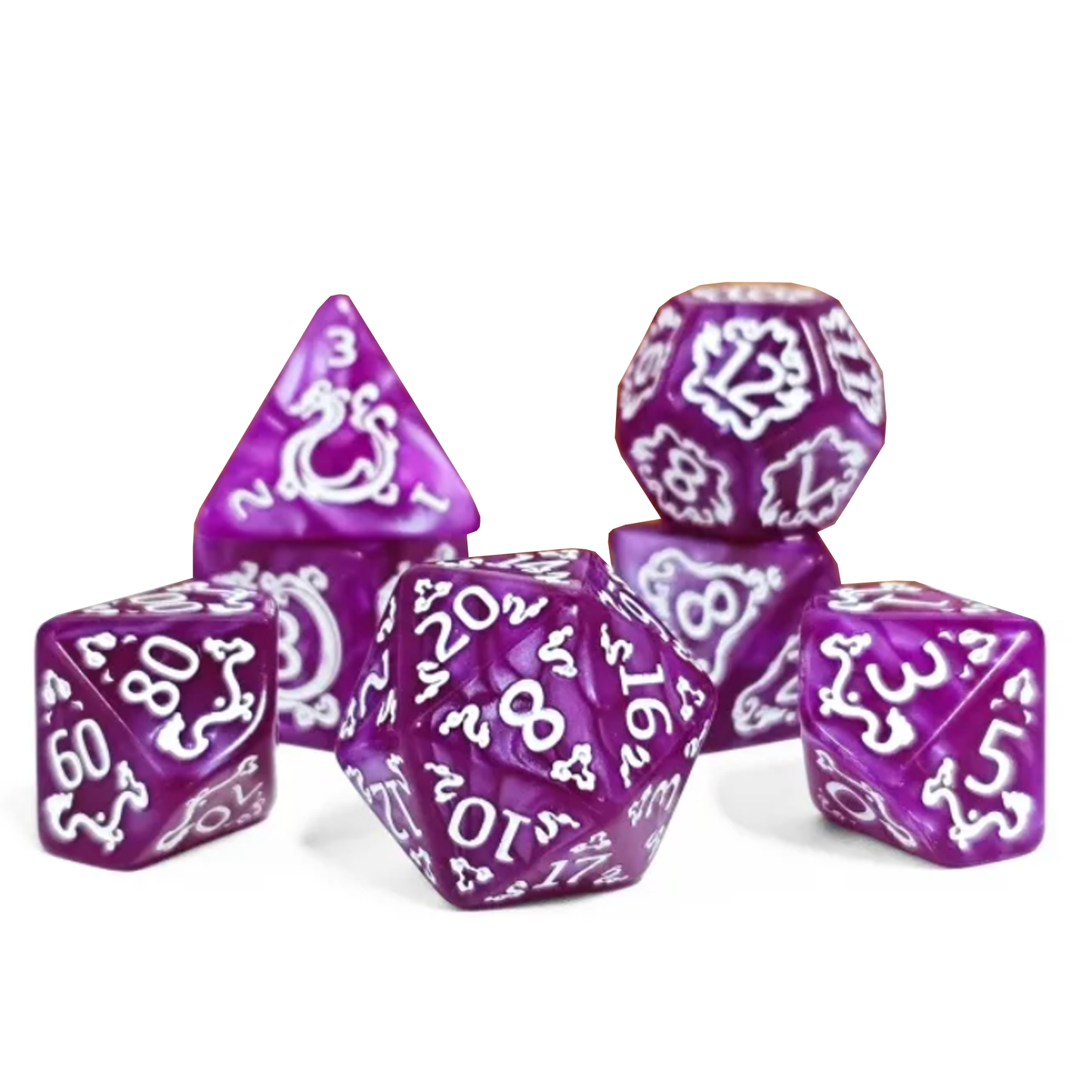 Eastern Dragon Design Polyhedral Dice Set (Pink) on a White Background, Stacked in a Pile | Happy Piranha