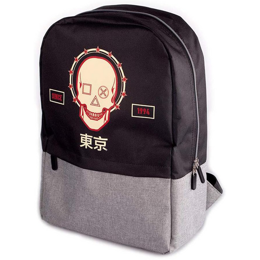 PlayStation Biker Skull Japanese Kanji Design Backpack (Side) | Happy Piranha