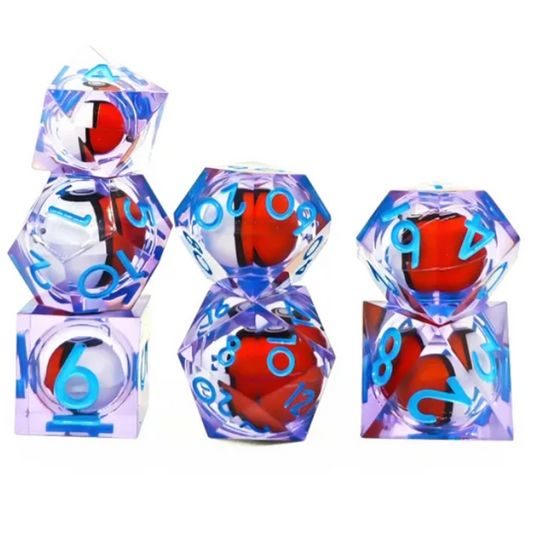 Pokeball: Liquid Core Sharp Edged Rolling Ball Polyhedral Dice Set in a Stack on a White Background | Happy Piranha