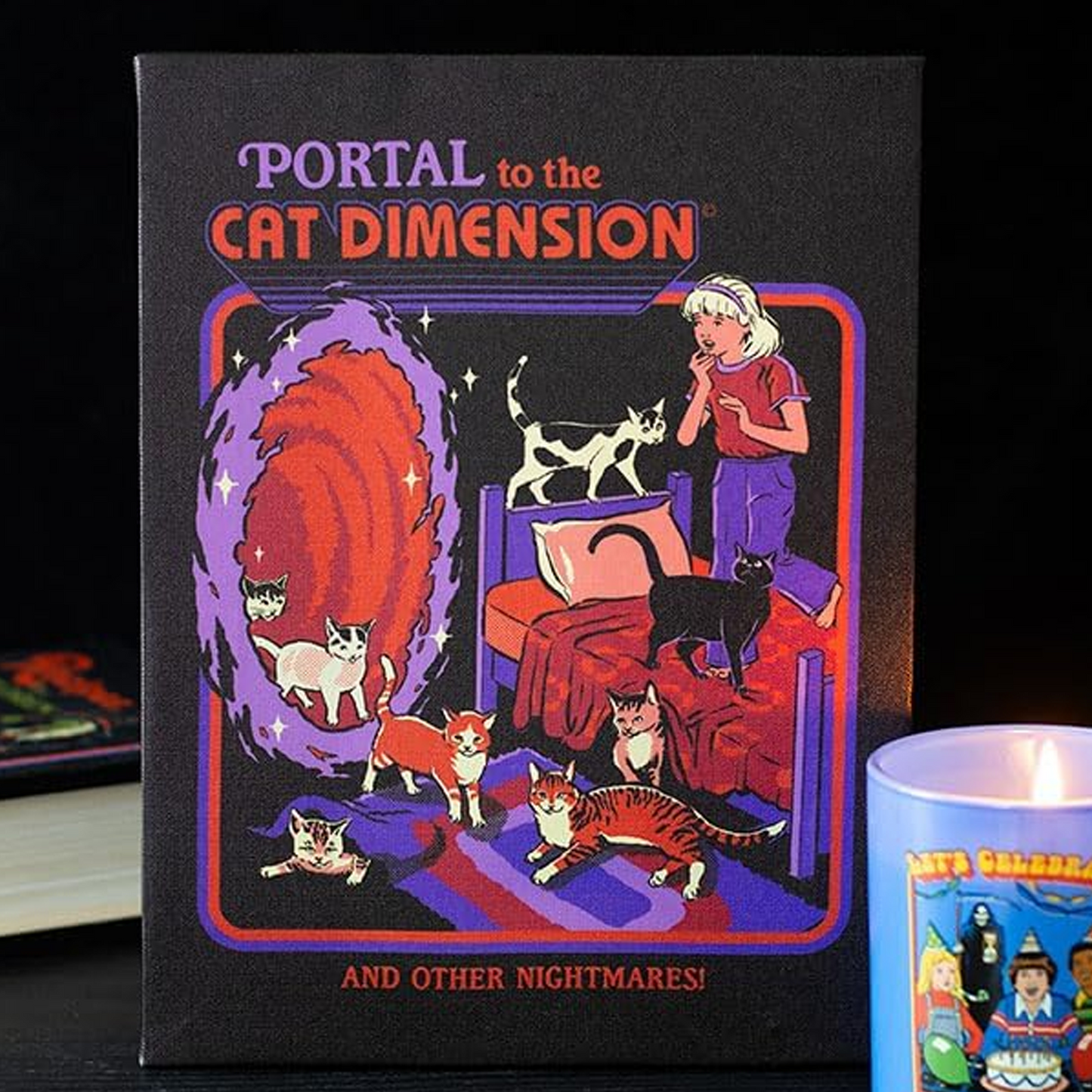 Portal to the Cat Dimension: Steven Rhodes Licensed Canvas Print on a Dark Background next to a Candle | Happy Piranha