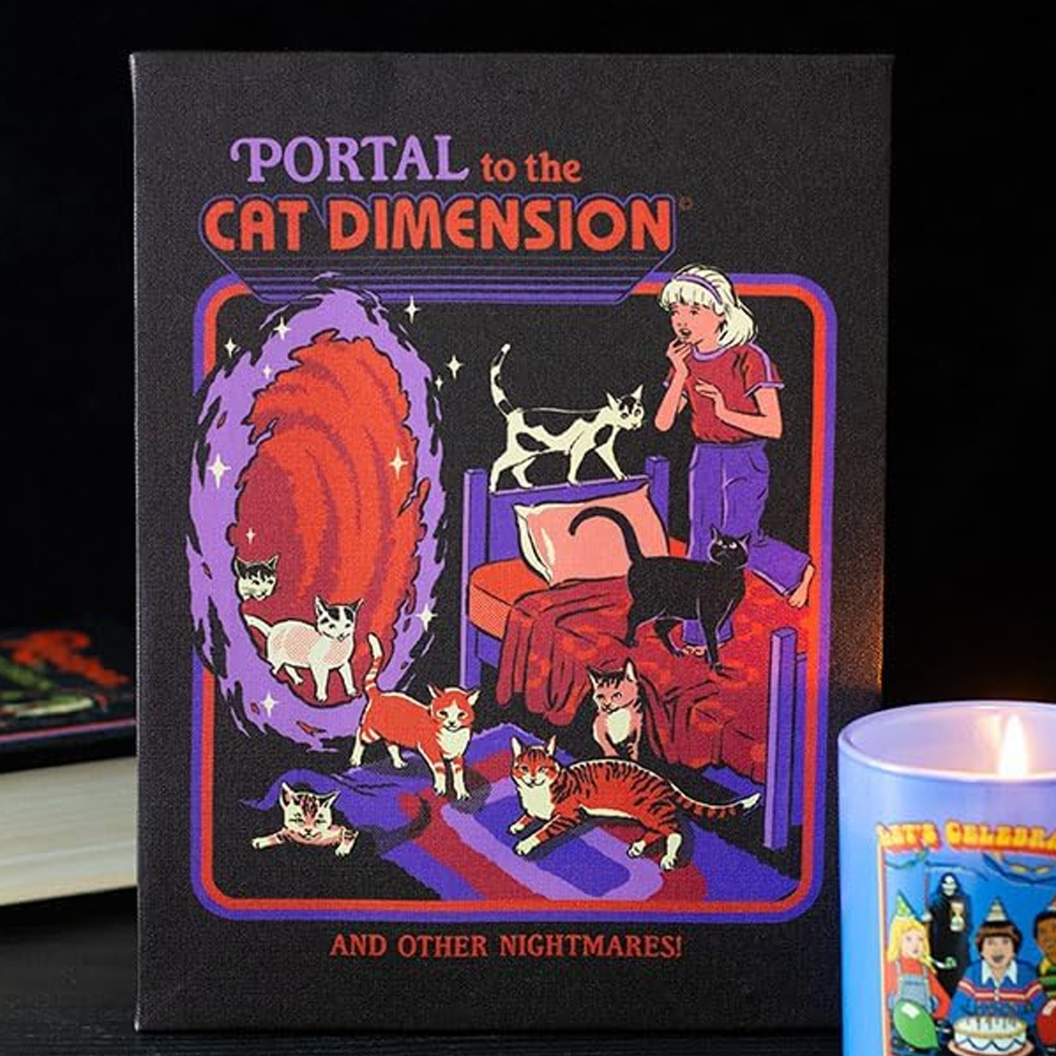 Portal to the Cat Dimension: Steven Rhodes Licensed Canvas Print on a Dark Background next to a Candle | Happy Piranha