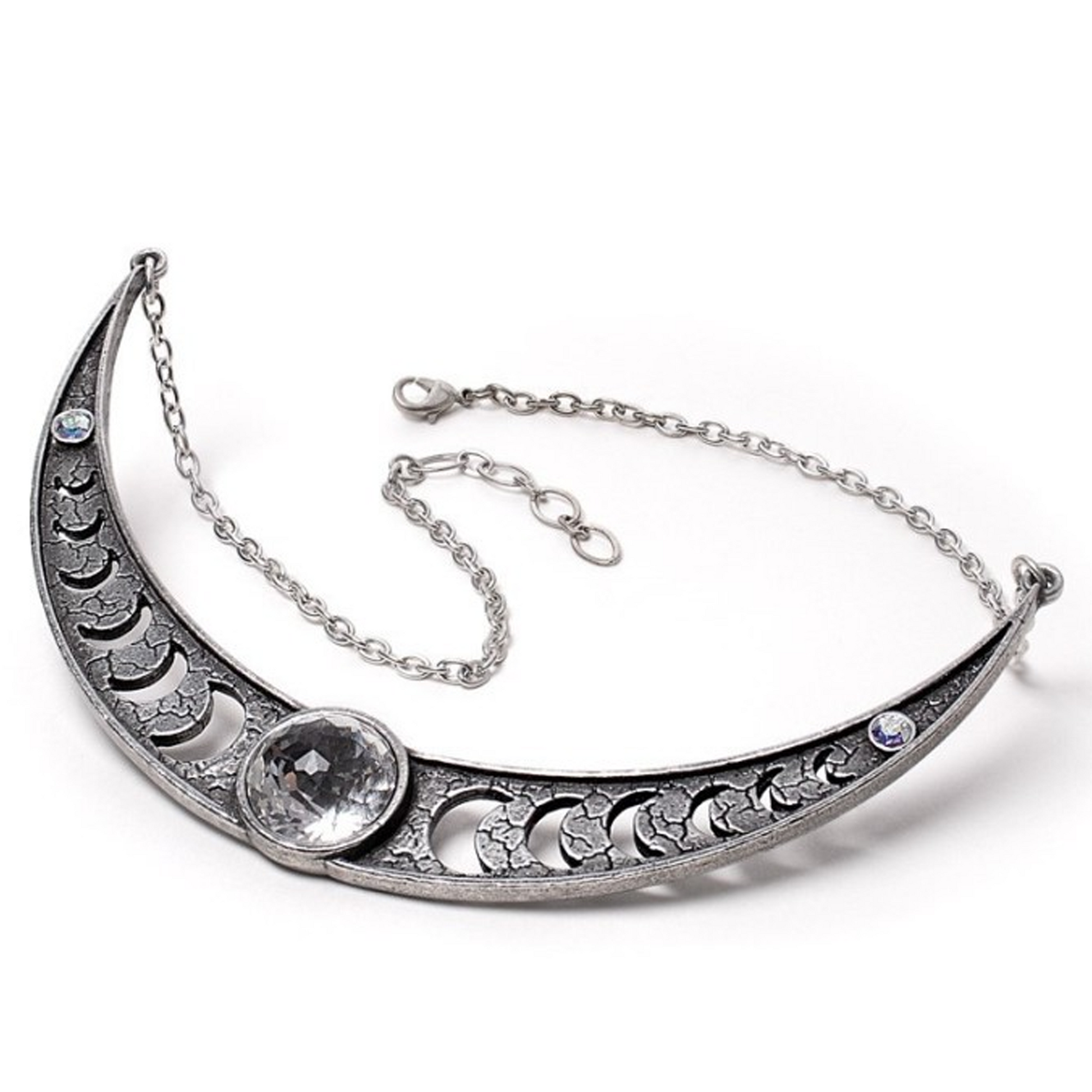 Priestess of Ishtar Moon & White Crystal Gothic Design Necklace Laying Down with Chain Undone on a White Background | Happy Piranha