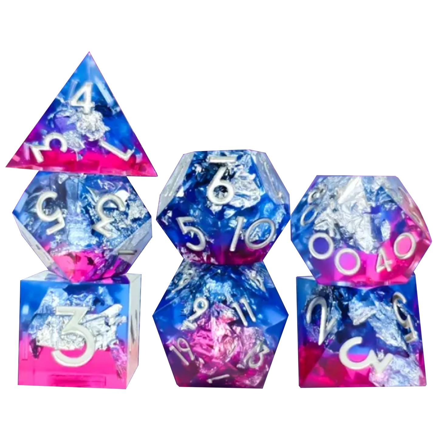 Purple Glacier - Layered Sharp Edged Polyhedral Dice Set Stacked in a Pile on a White Background | Happy Piranha