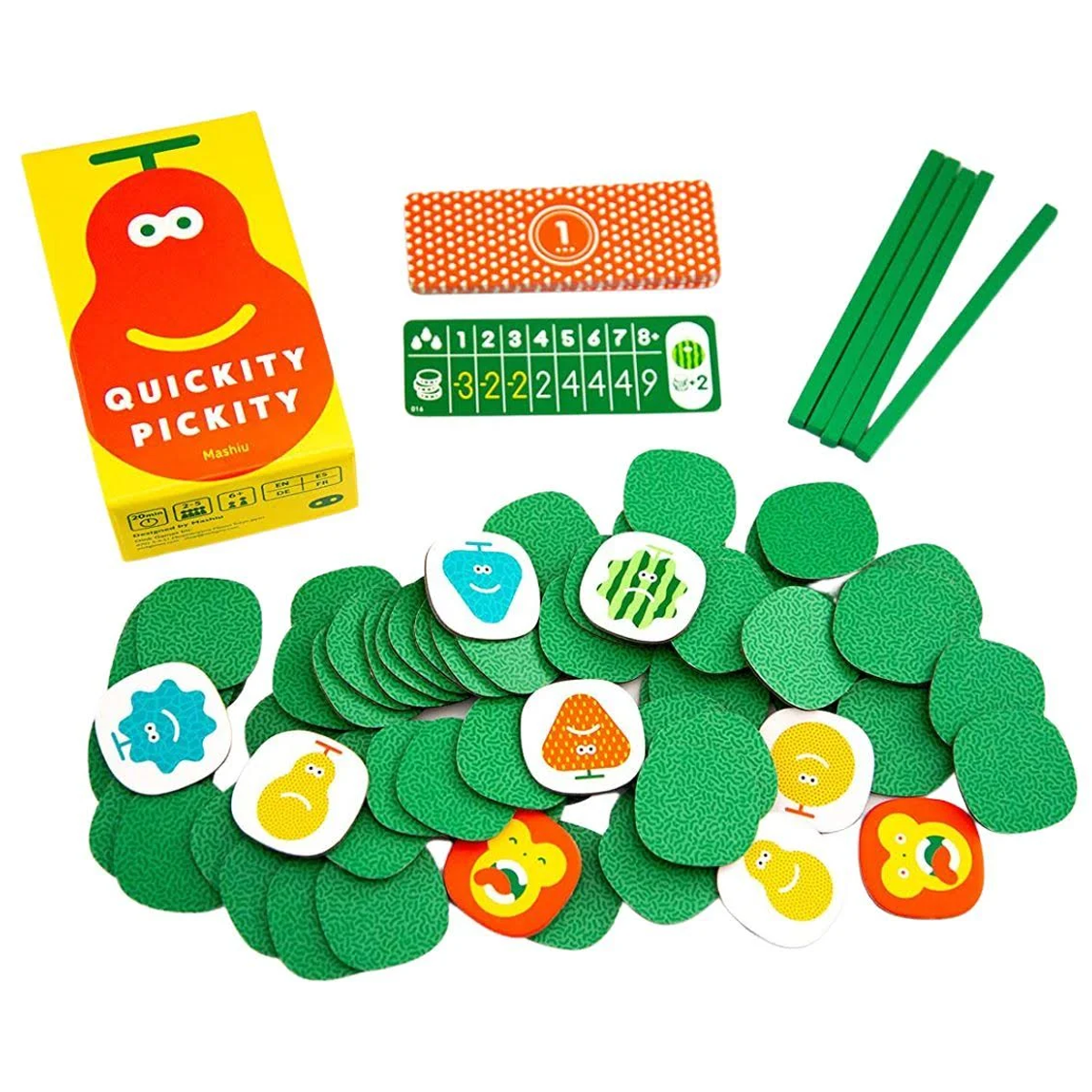 Quickity Pickity Board Game (Box and Components) on a White Background | Happy Piranha