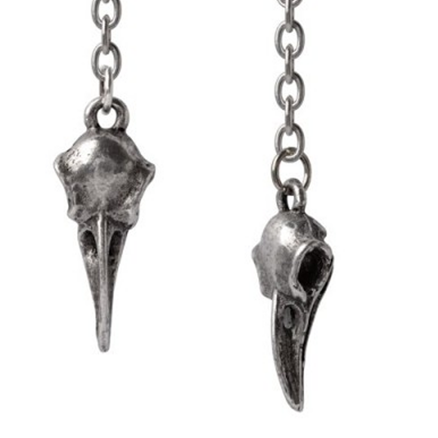 Rabenschadel Droppers: Raven Skull Pewter Chain Earrings Close Up on a White Background | Happy Piranha