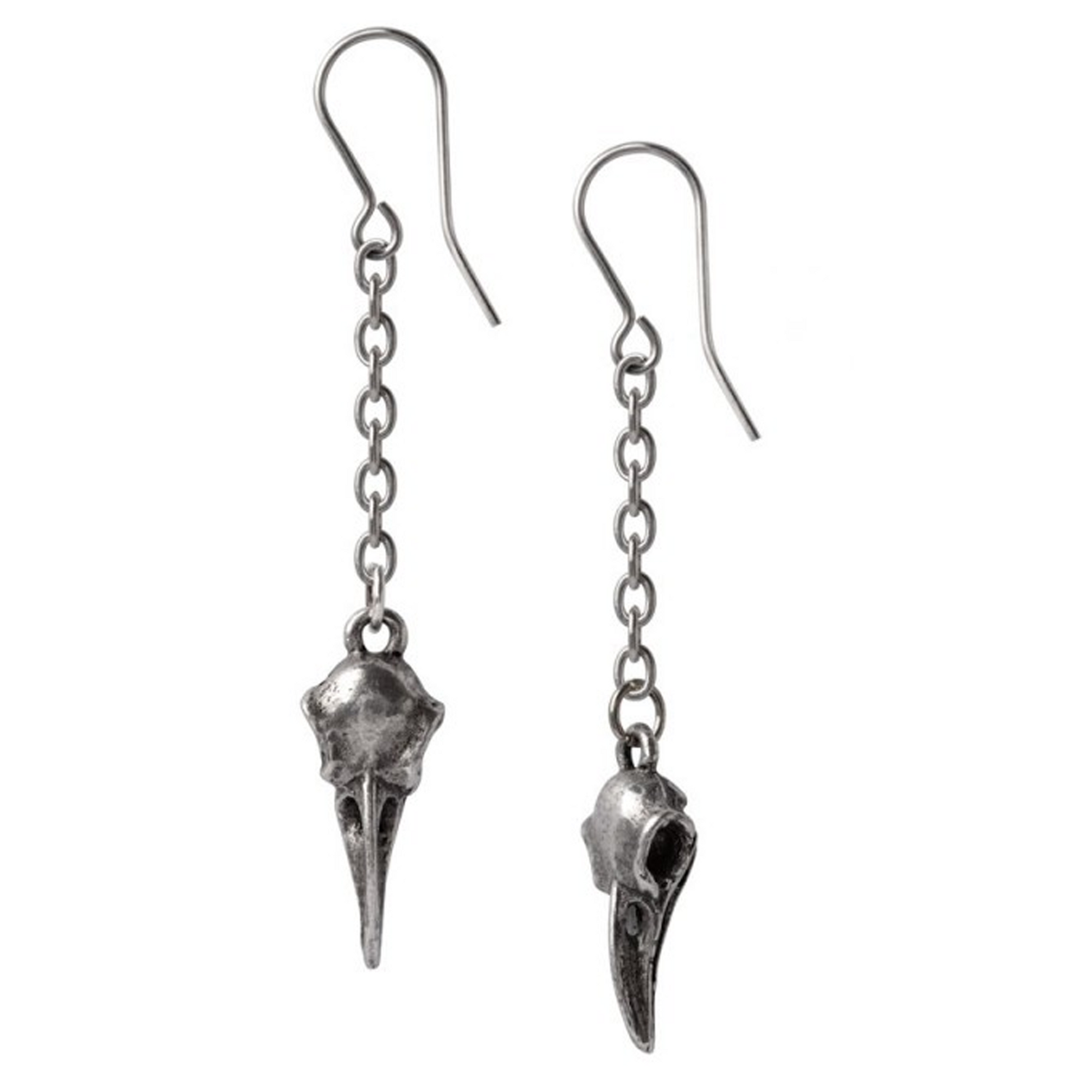 Rabenschadel Droppers: Raven Skull Pewter Chain Earrings on a White Background | Happy Piranha