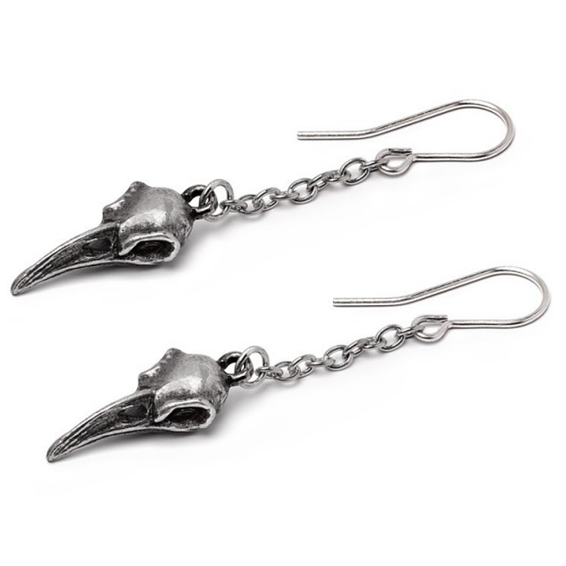 Rabenschadel Droppers: Raven Skull Pewter Chain Earrings Laying Down on a White Background | Happy Piranha