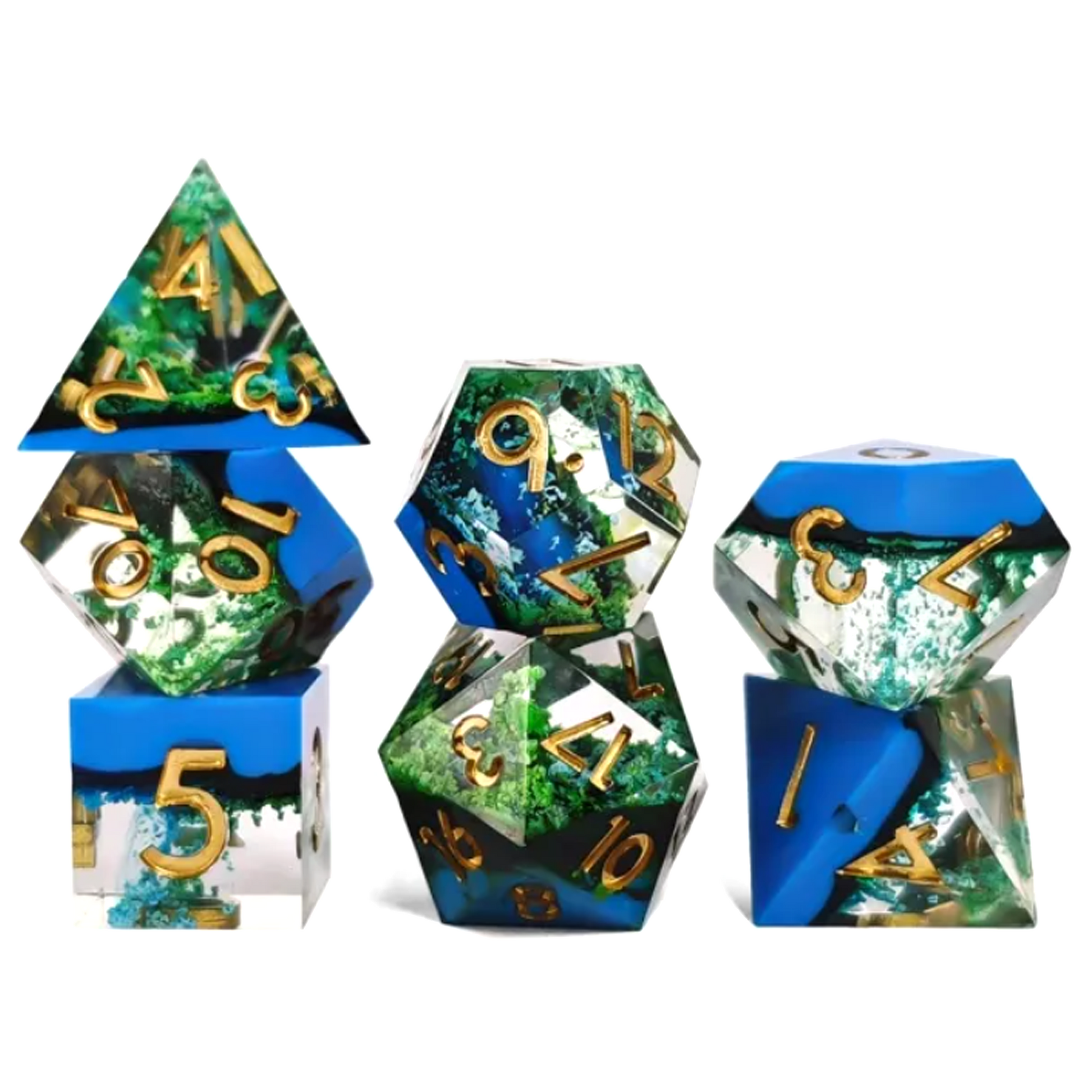 Amazon Rainforest - Layered Sharp Edged Filled Polyhedral Dice Set in a Stack on a White Background | Happy Piranha