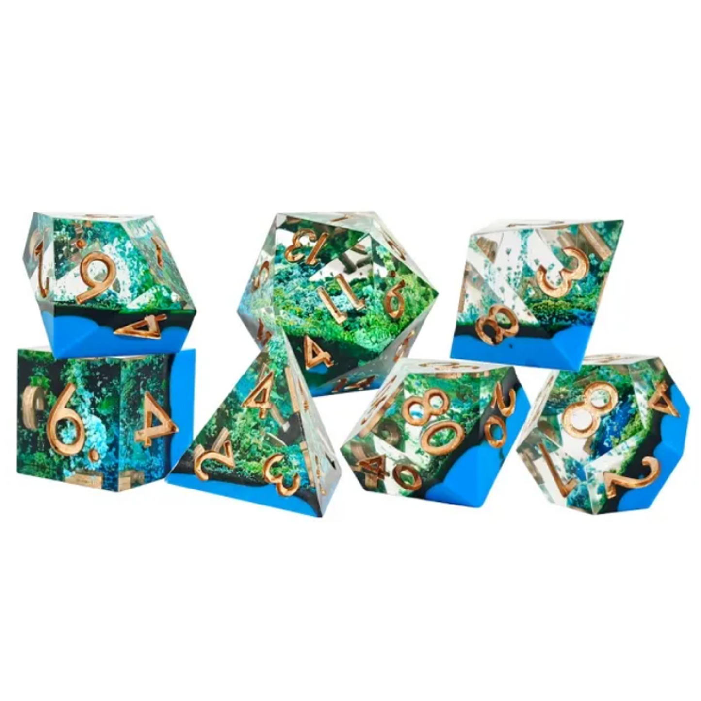 Amazon Rainforest - Layered Sharp Edged Filled Polyhedral Dice Set in a Line on a White Background | Happy Piranha