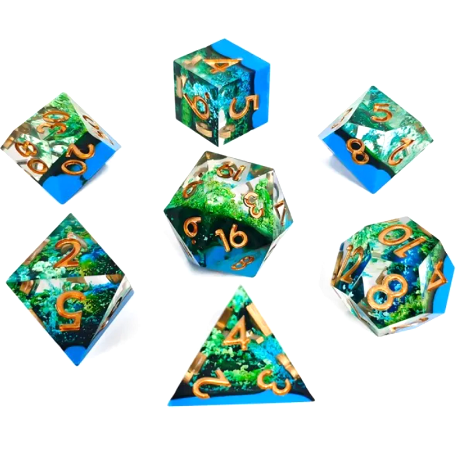 Amazon Rainforest - Layered Sharp Edged Filled Polyhedral Dice Set in a Circle on a White Background | Happy Piranha