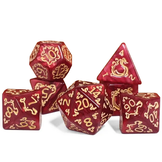 Eastern Dragon Design Polyhedral Dice Set (Red) on a White Background, Stacked in a Pile | Happy Piranha