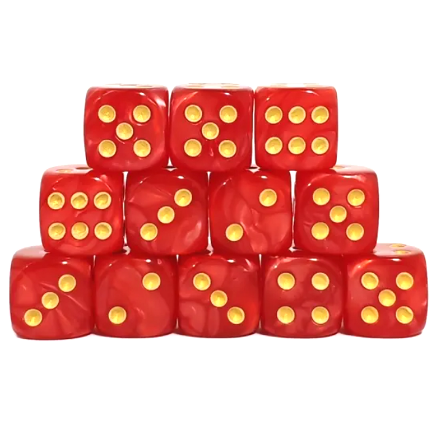 Stack of red dice with yellow dots on a white background | Happy Piranha