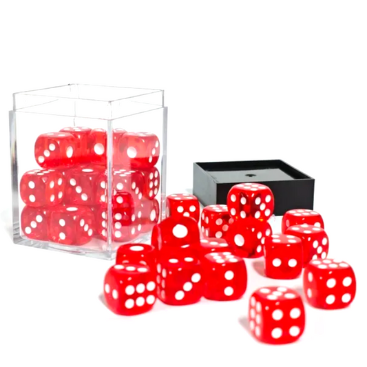 Translucent Red 36 Pip Dice D6 (6 Sided Dice) Box Set with Some Dice Outside The Box Spread on a White Table | Happy Piranha