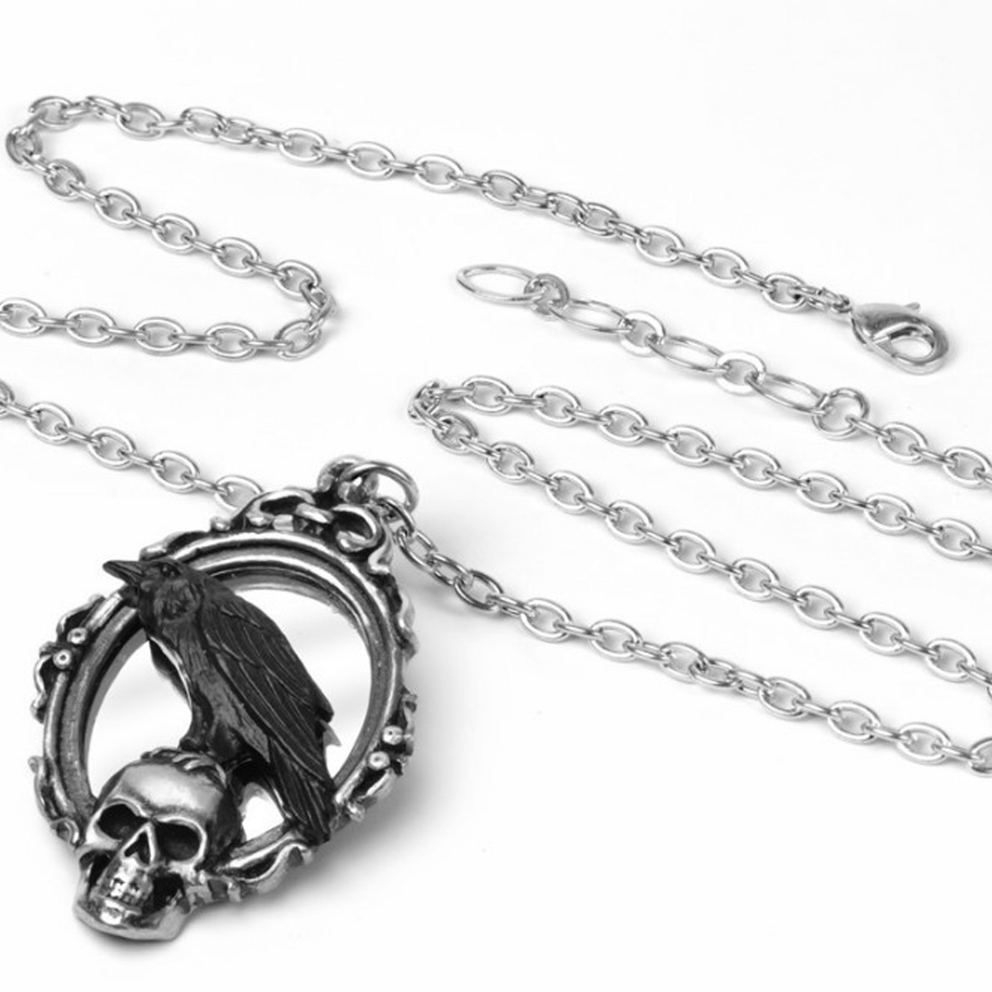 Silver necklace with a skull and bird pendant laid out on a white background | Happy Piranha