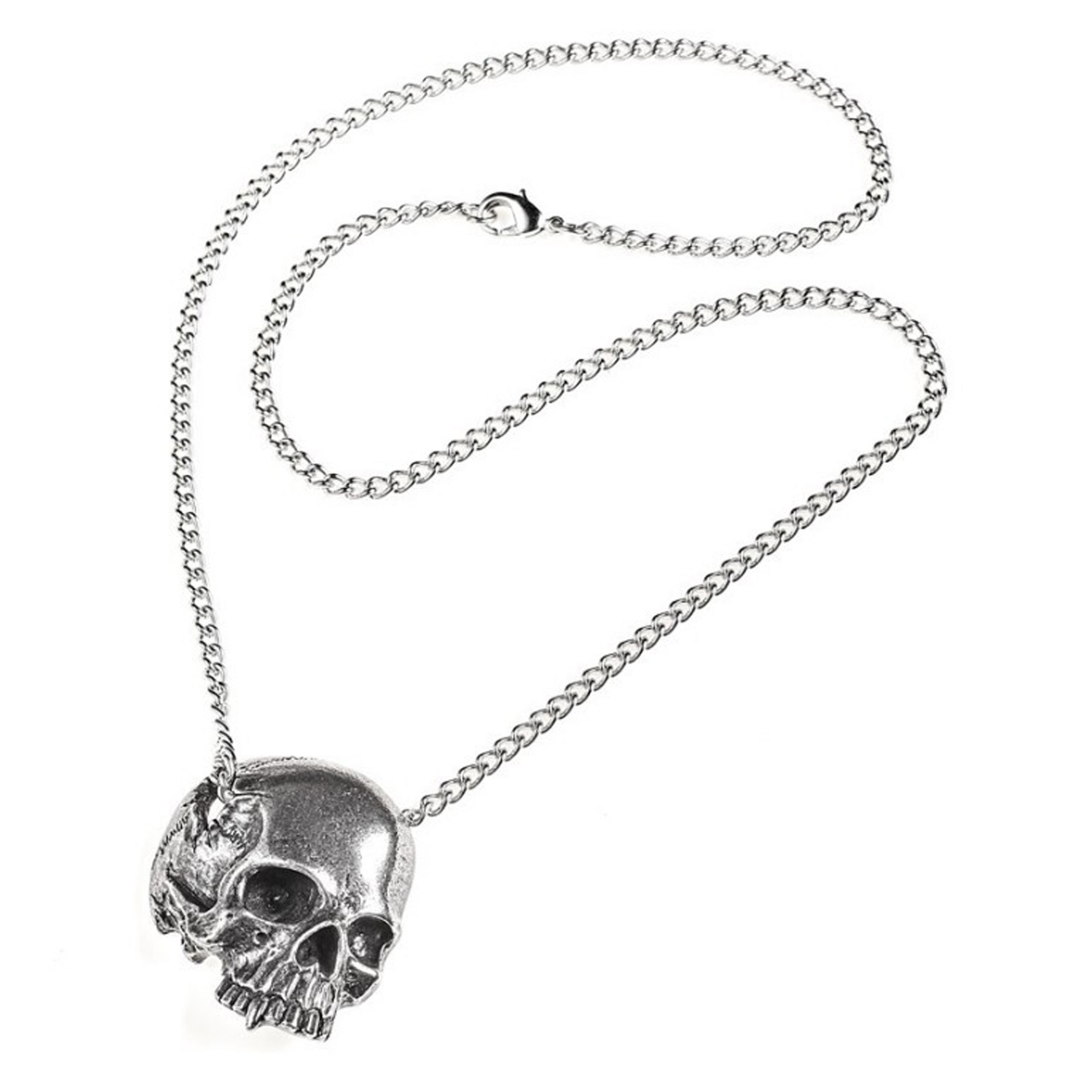 Remains - Gothic Skull Design Pewter Pendant Necklace Laid Out Fully With its Chain on a White Background | Happy Piranha