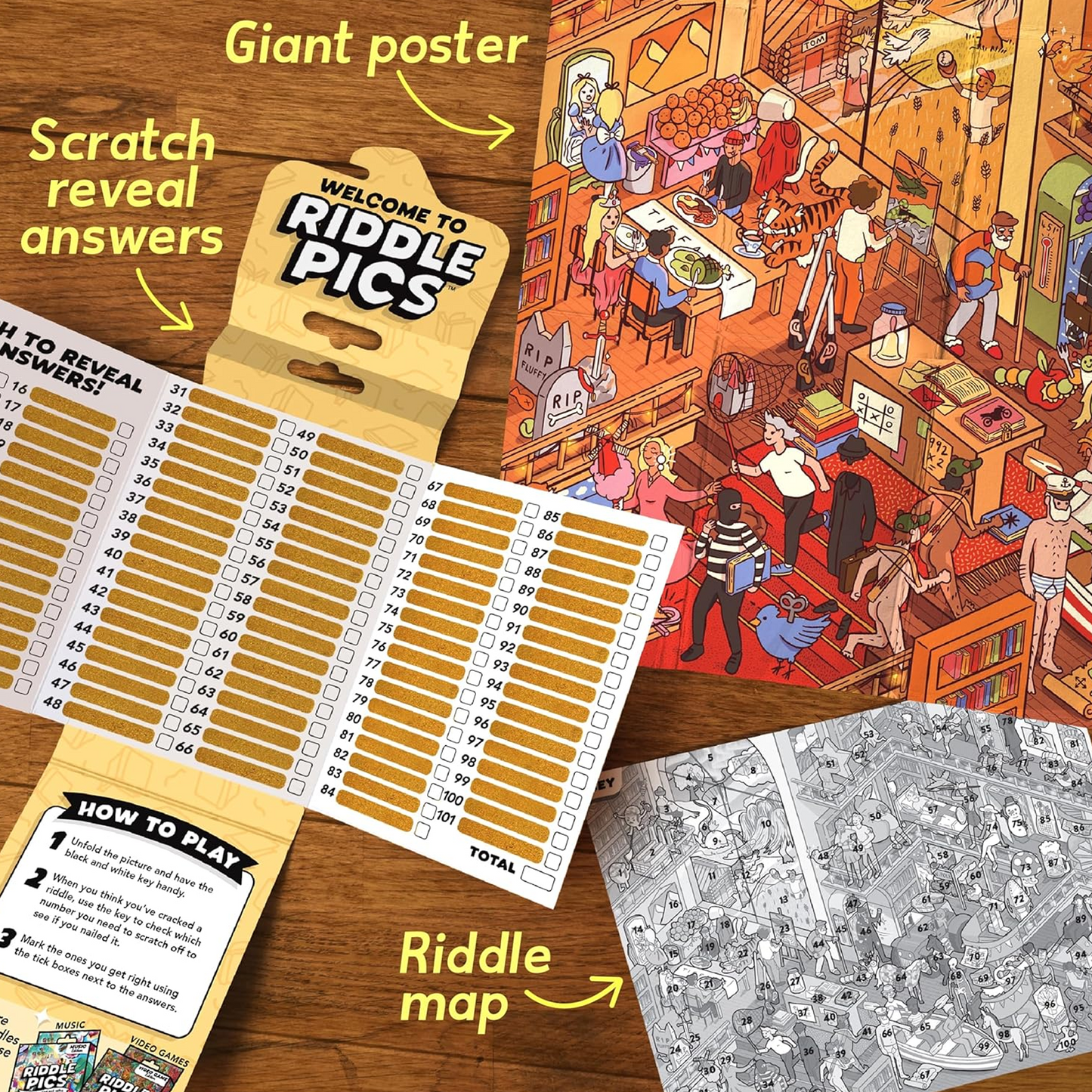 Riddle Pics - Books Edition Contents Spread out on a Wooden Table | Happy Piranha