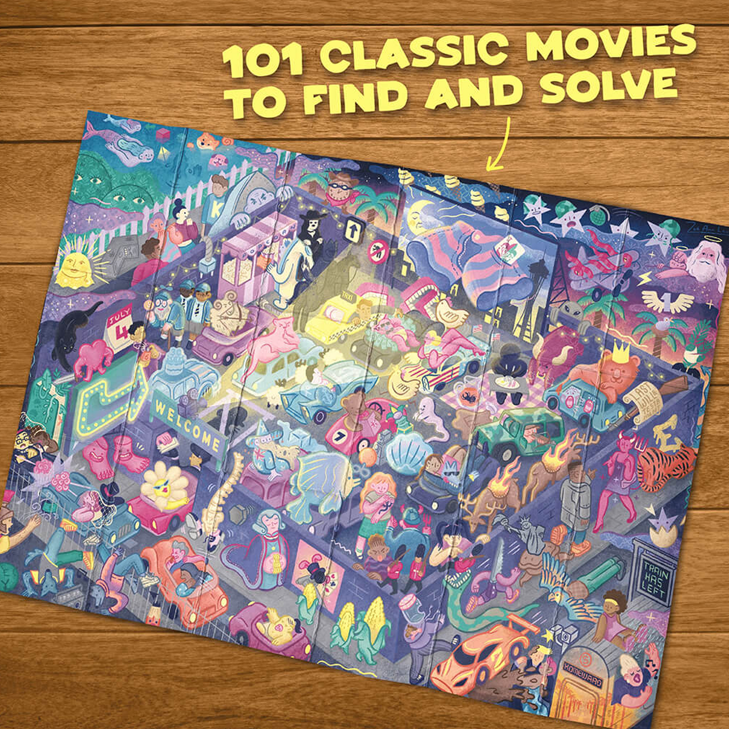 Riddle Pics Movie Edition Poster Unfolded on a Wooden Table | Happy Piranha