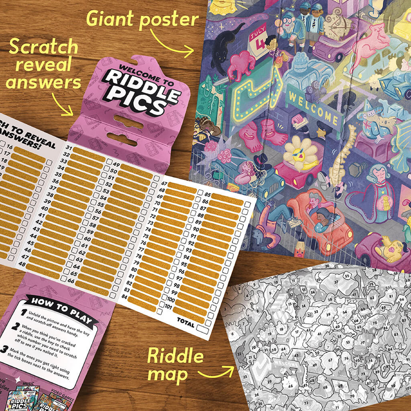 Riddle Pics Movie Edition Contents Spread out on a Wooden Table | Happy Piranha