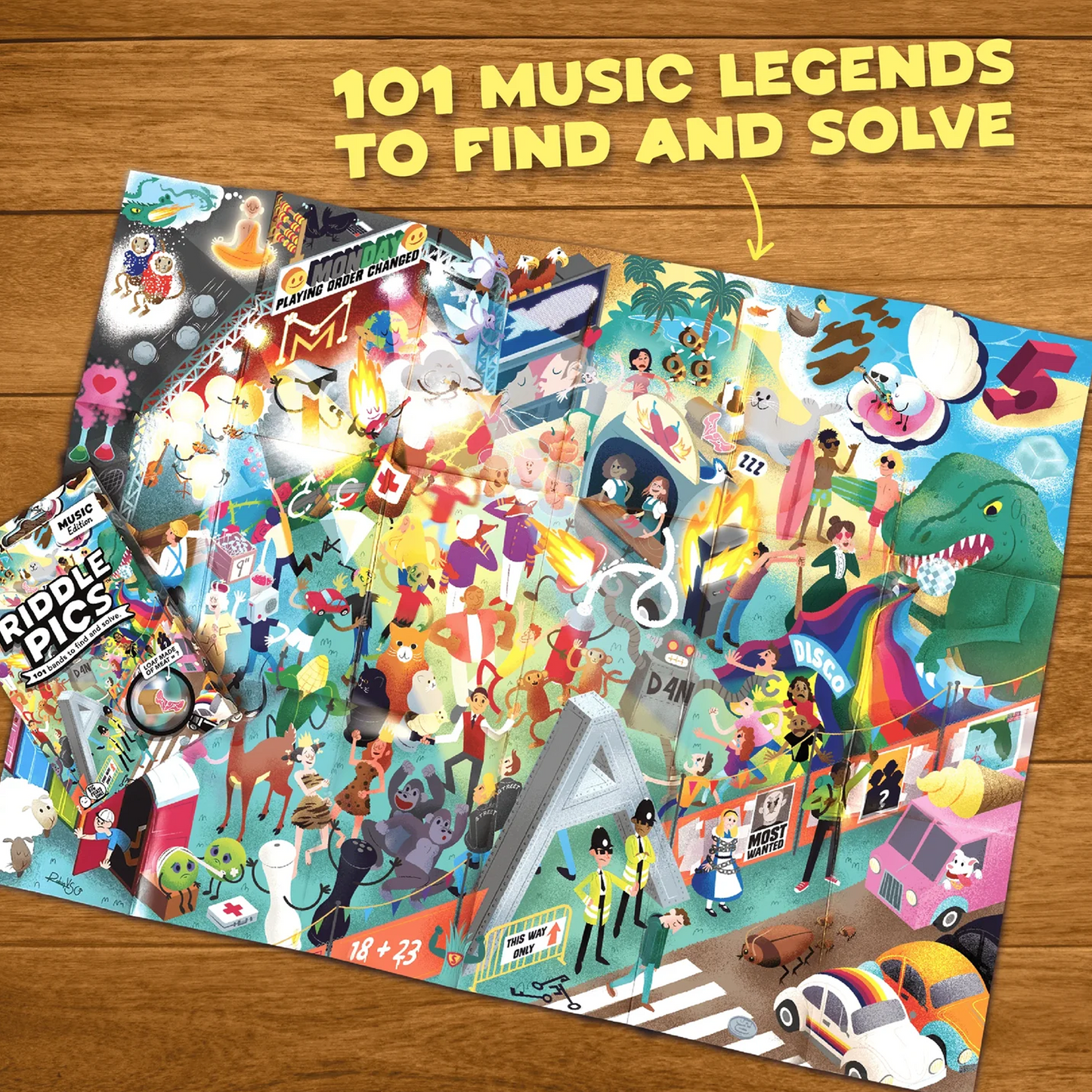 Riddle Pics - Music Edition Poster Spread out on a Wooden Table | Happy Piranha