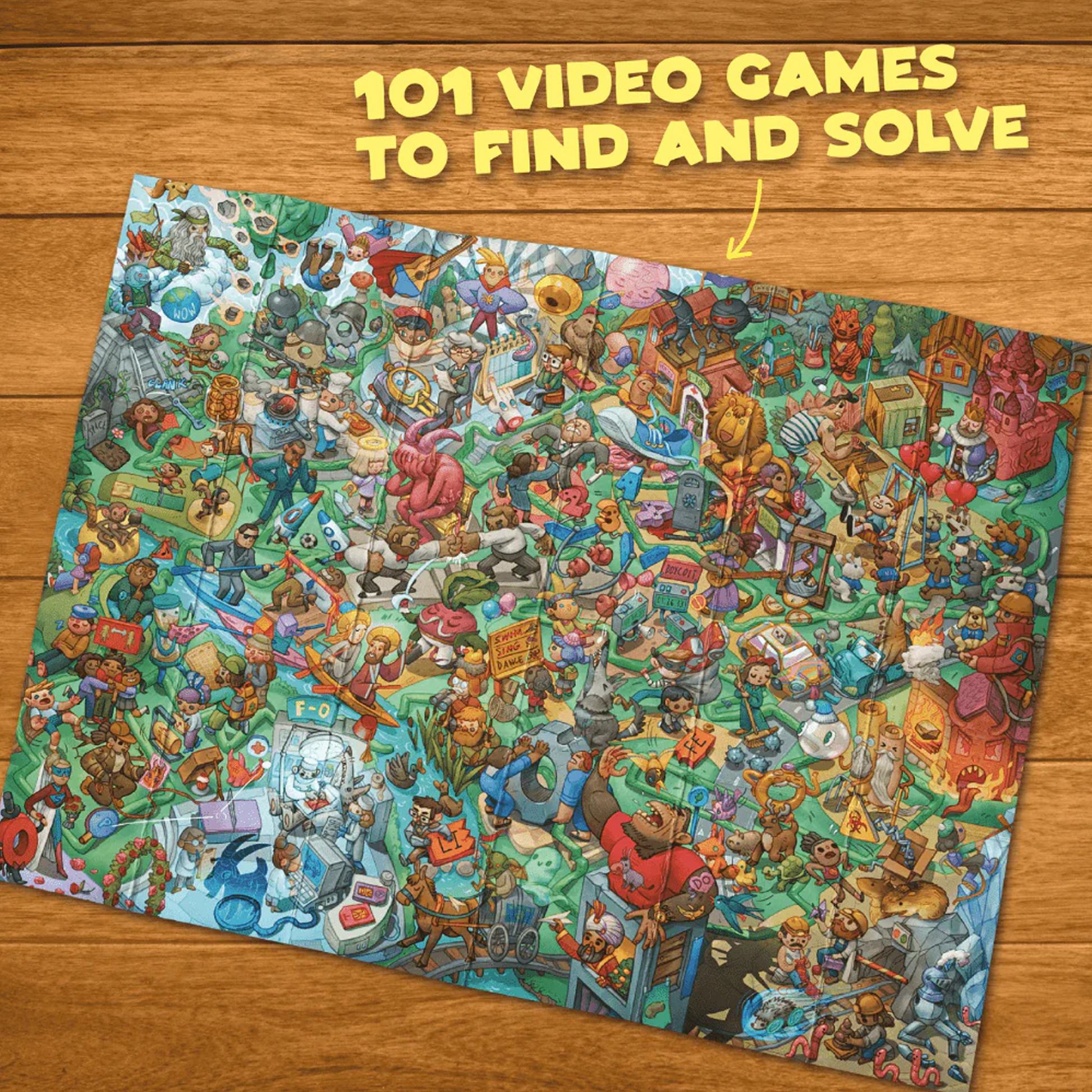 Riddle Pics - Video games Edition Poster Spread out on a Wooden Table | Happy Piranha
