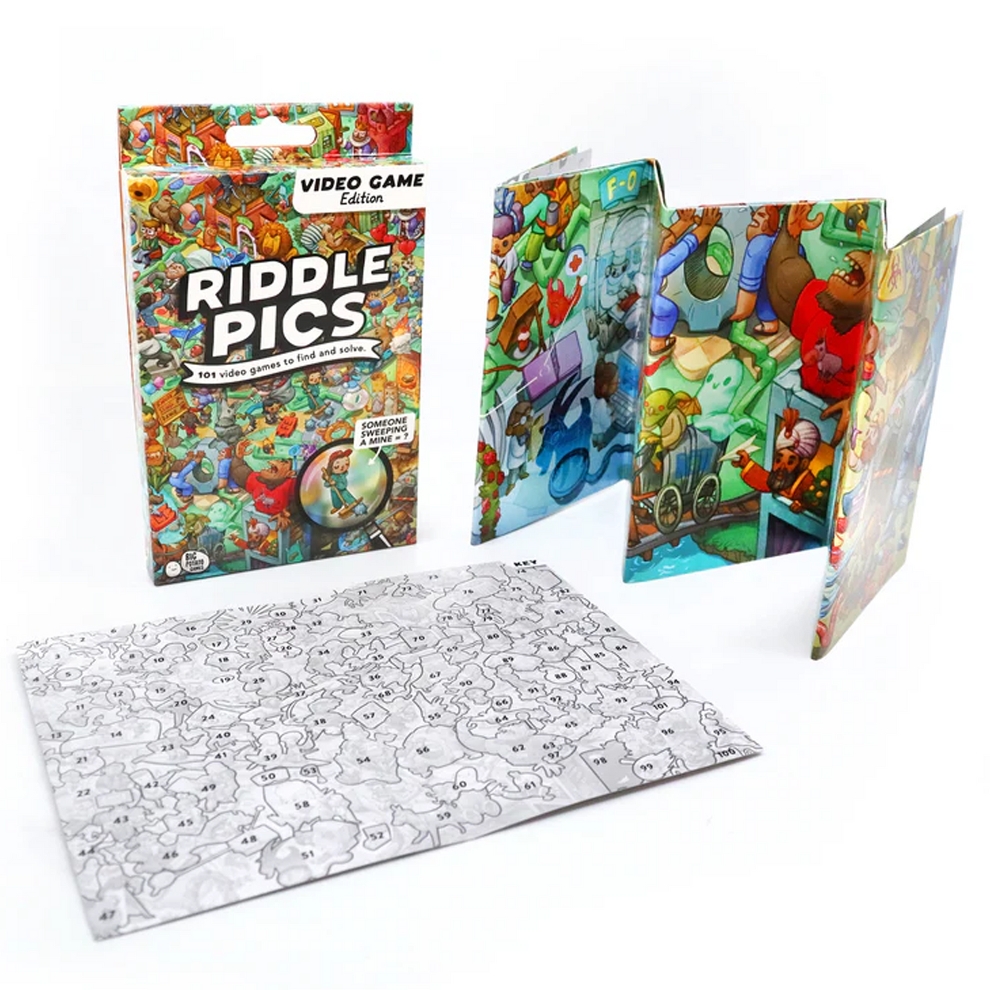 Riddle Pics - Video games Edition Box and Contents on a White Background | Happy Piranha