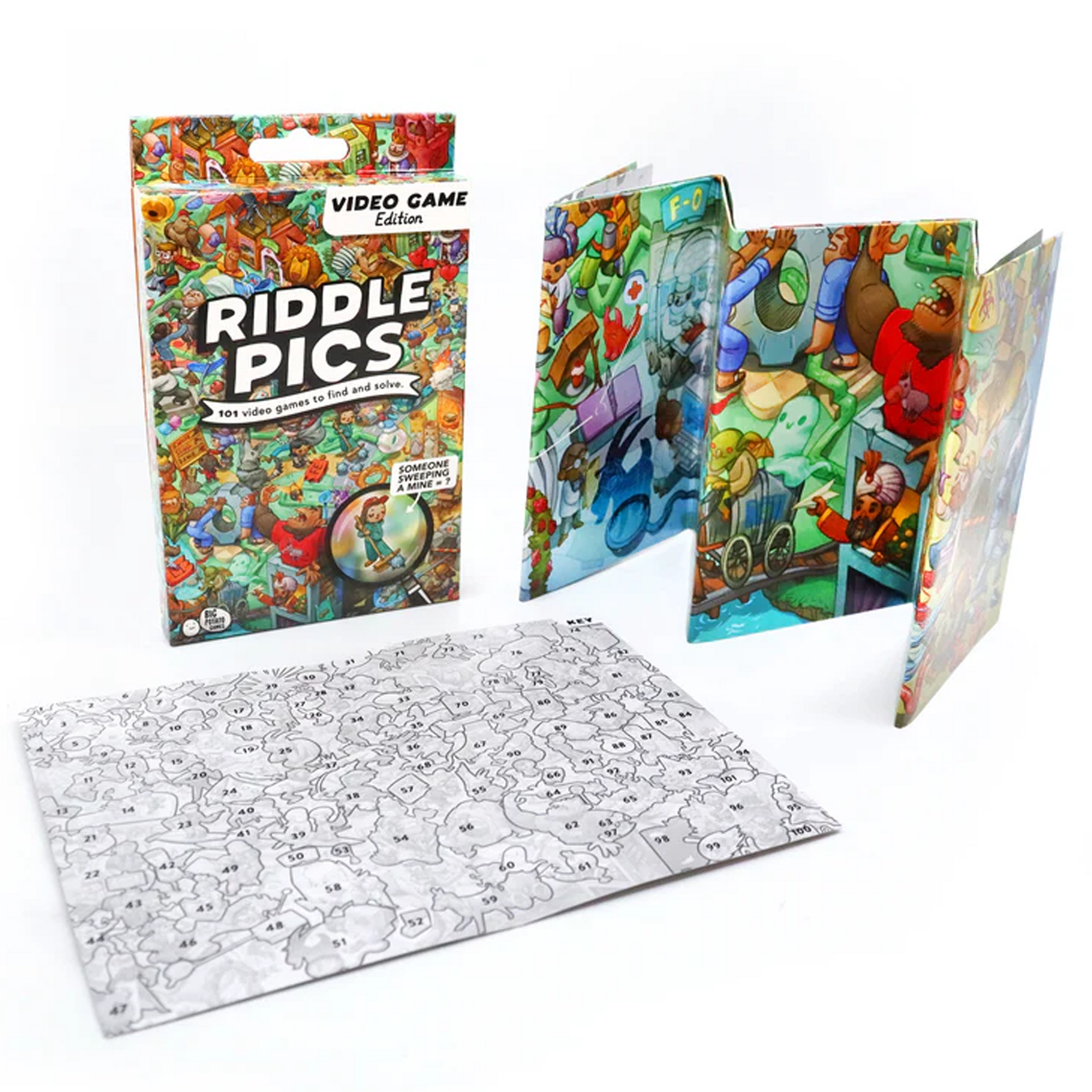 Riddle Pics - Video games Edition Box and Contents on a White Background | Happy Piranha