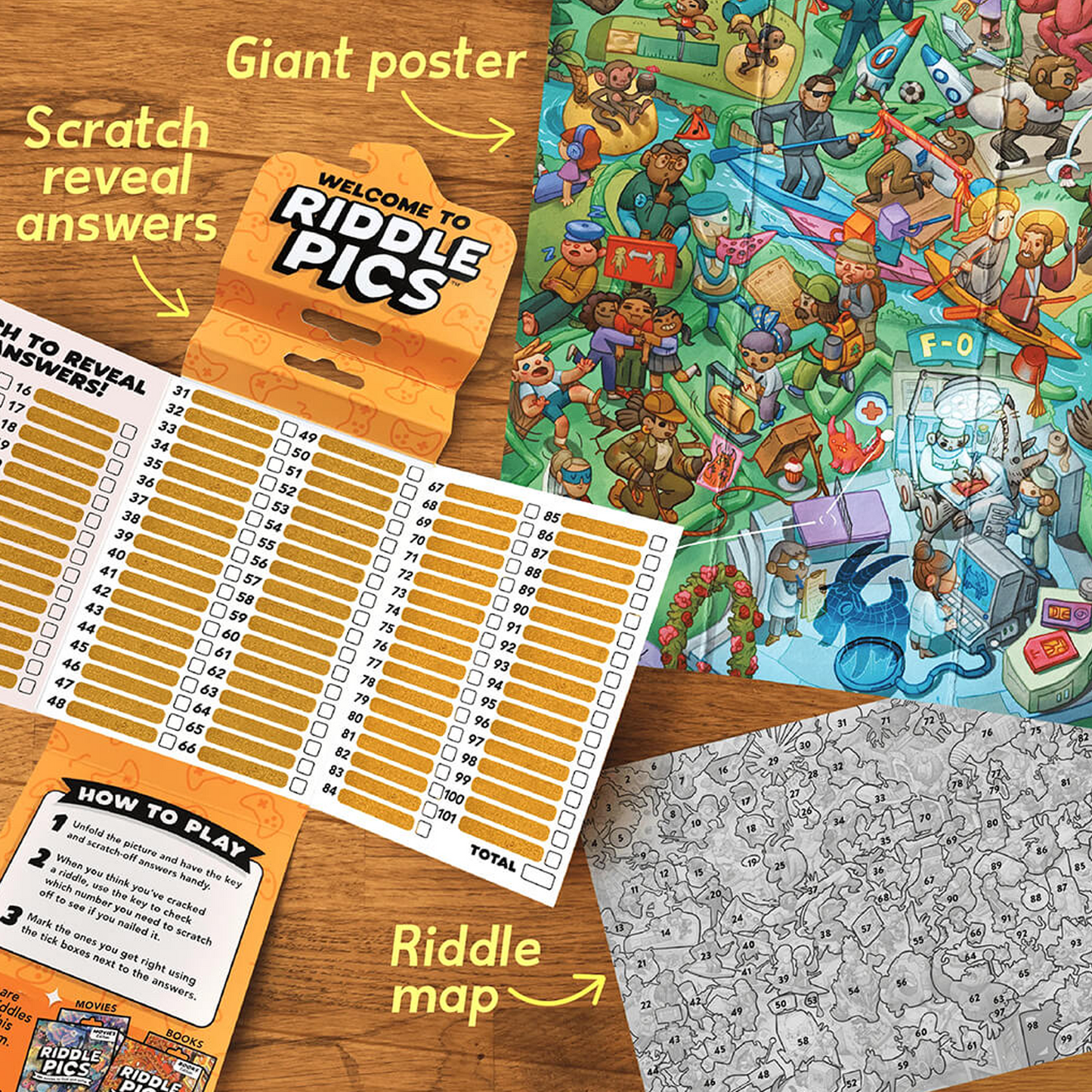 Riddle Pics - Video games Edition Contents Spread out on a Wooden Table | Happy Piranha