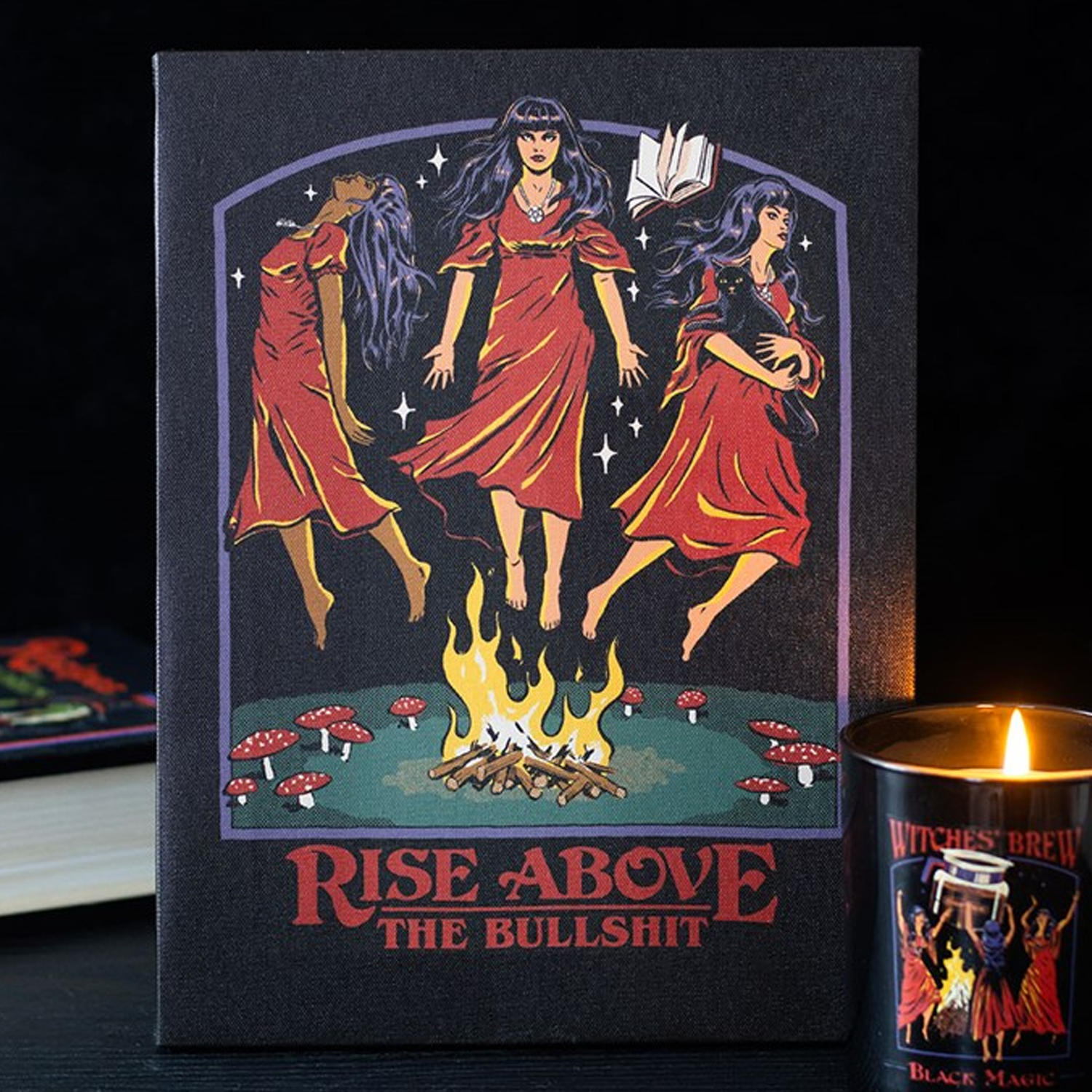 Rise Above the Bullshit: Steven Rhodes Licensed Canvas Print On a Dark Background Next to a Candle | Happy Piranha