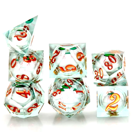Green Rolling Eyes: Liquid Core Sharped Edged Polyhedral Dice Set Stacked in a Pile on a White Background | Happy Piranha