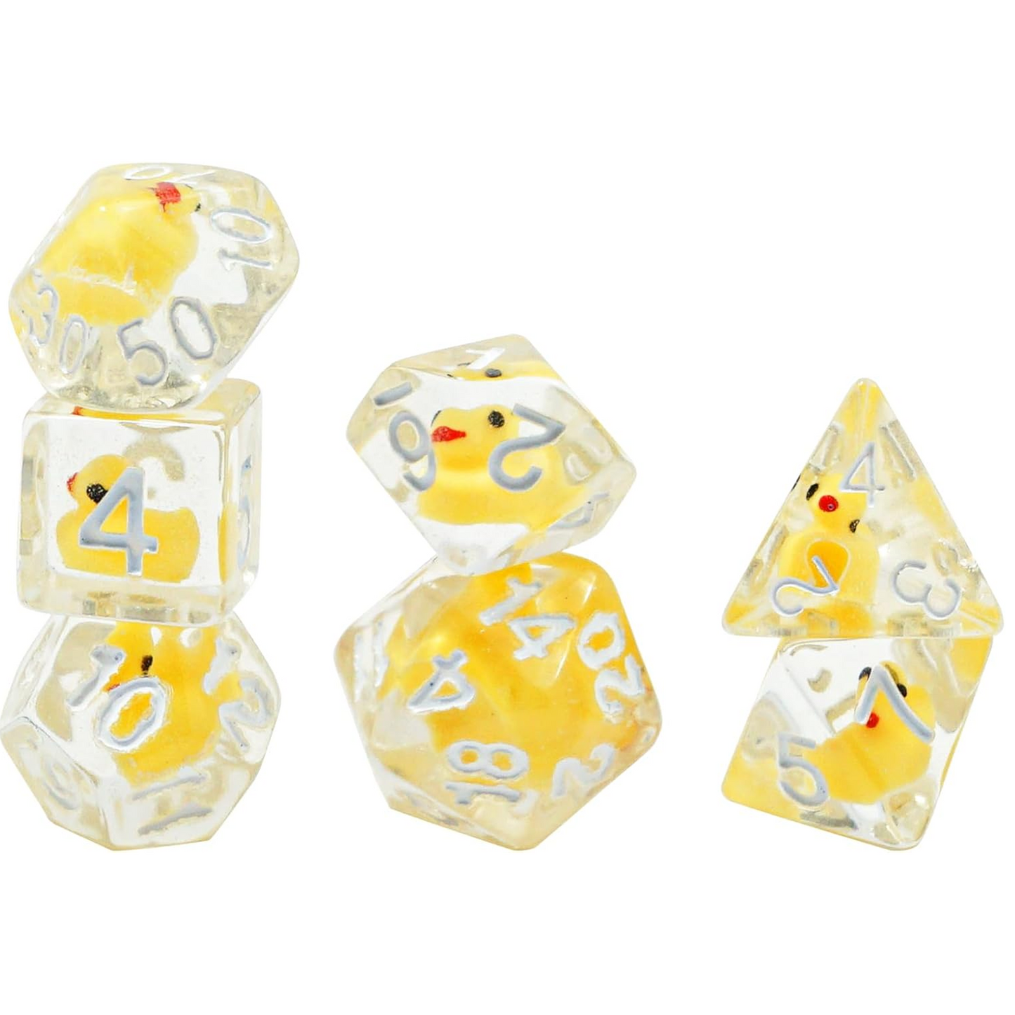 Rubbery Ducky Dice! Miniature Yellow Duck Filled Polyhedral Dice Stacking in a Pile on a White Background | Happy Piranha